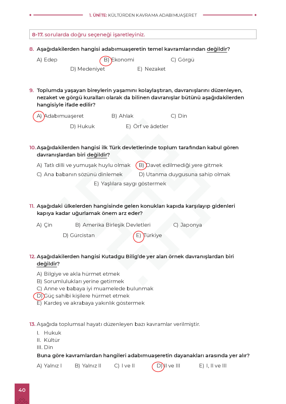 9. Sınıf Meb Yayınları Adabımuaşeret Ders Kitabı Sayfa 40 Cevapları