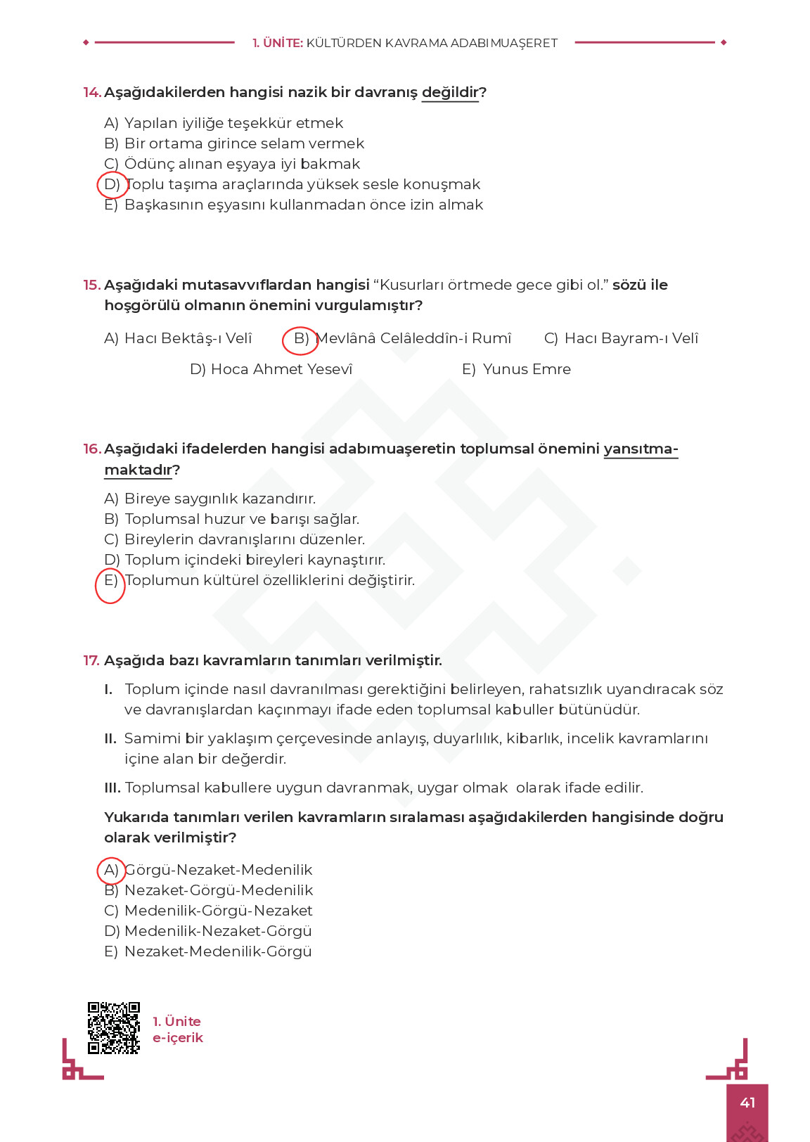 9. Sınıf Meb Yayınları Adabımuaşeret Ders Kitabı Sayfa 41 Cevapları