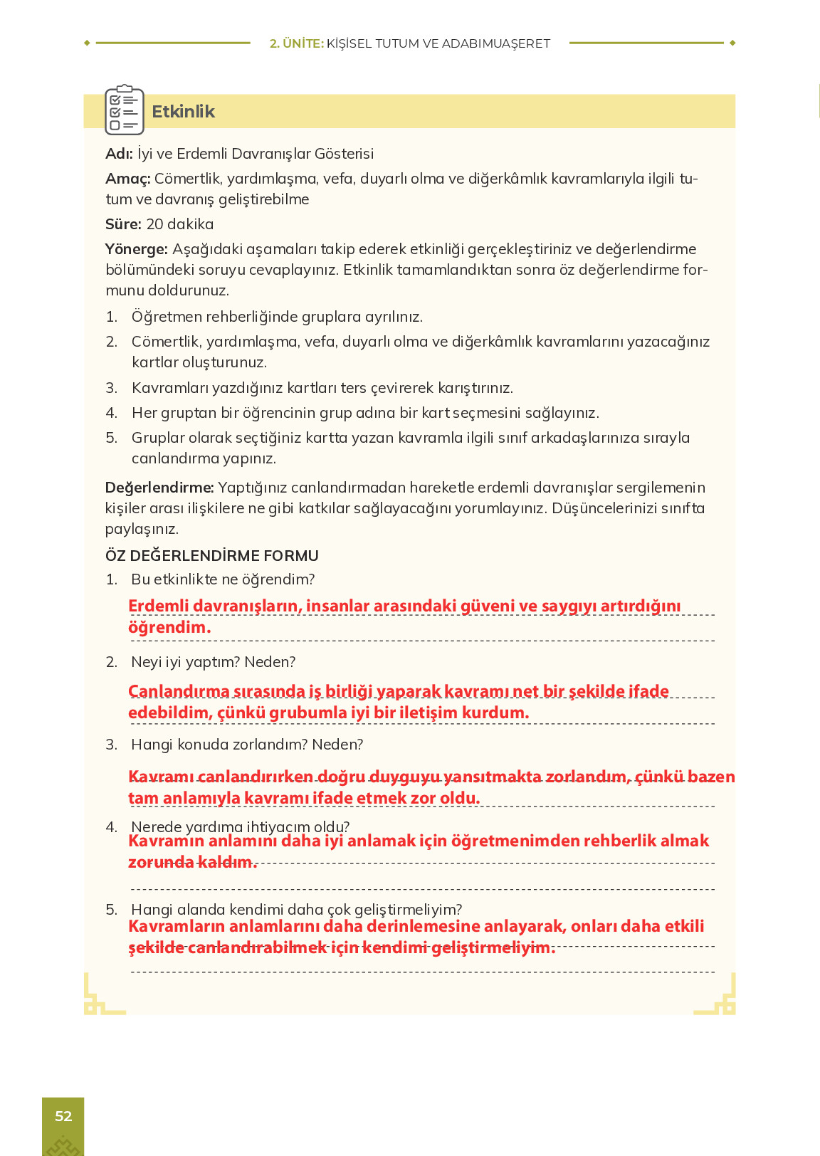 9. Sınıf Meb Yayınları Adabımuaşeret Ders Kitabı Sayfa 52 Cevapları