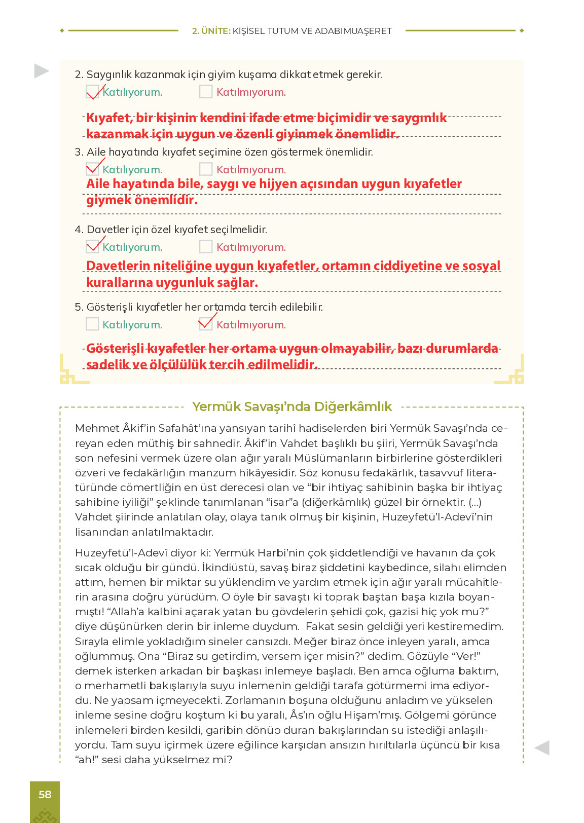 9. Sınıf Meb Yayınları Adabımuaşeret Ders Kitabı Sayfa 58 Cevapları