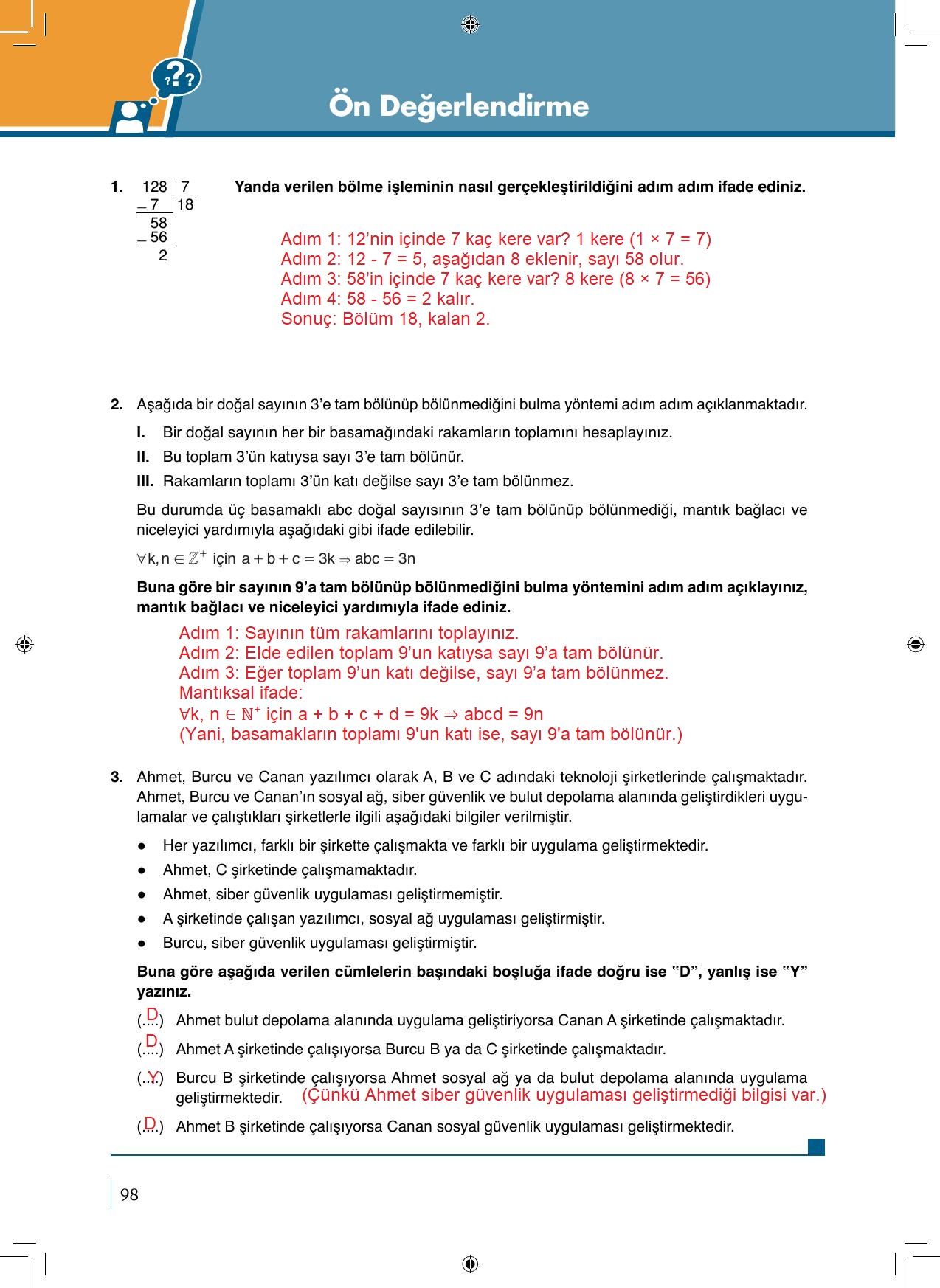 9. Sınıf Meb Yayınları Matematik 2. Kitap Ders Kitabı Sayfa 98 Cevapları