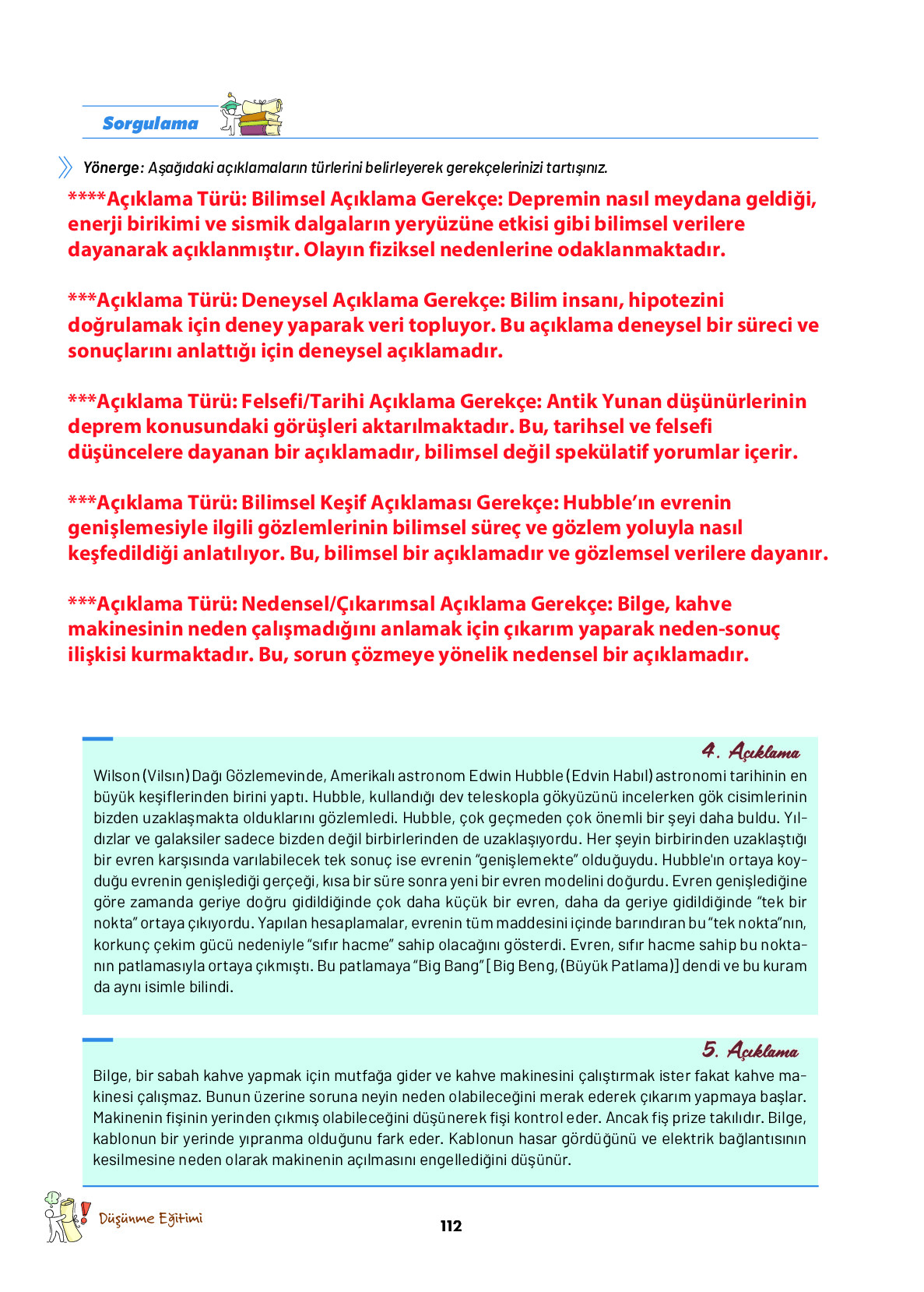 9. Sınıf Meb Yayınları Ortaöğretim Düşünme Eğitimi Ders Kitabı Sayfa 112 Cevapları