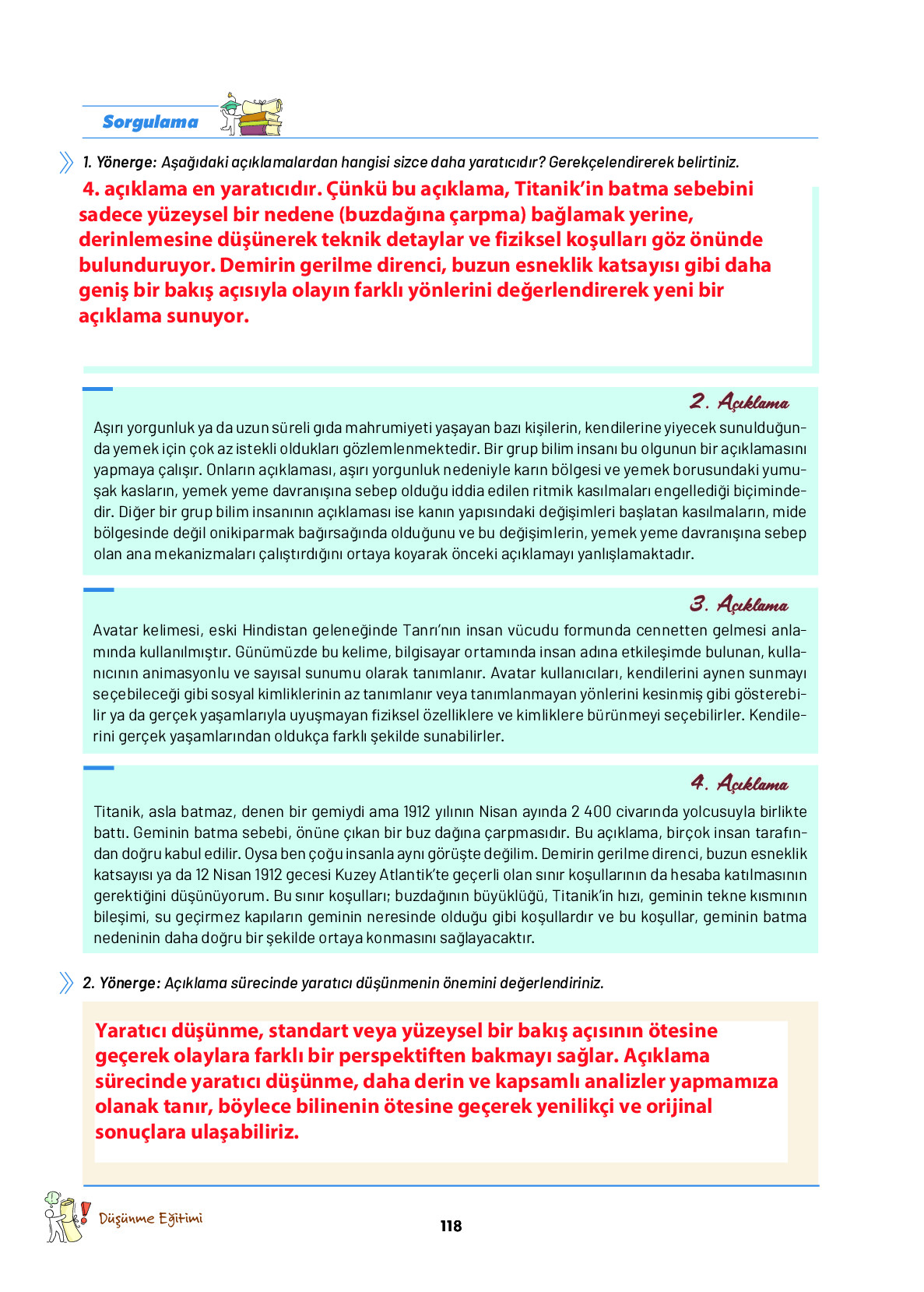 9. Sınıf Meb Yayınları Ortaöğretim Düşünme Eğitimi Ders Kitabı Sayfa 118 Cevapları