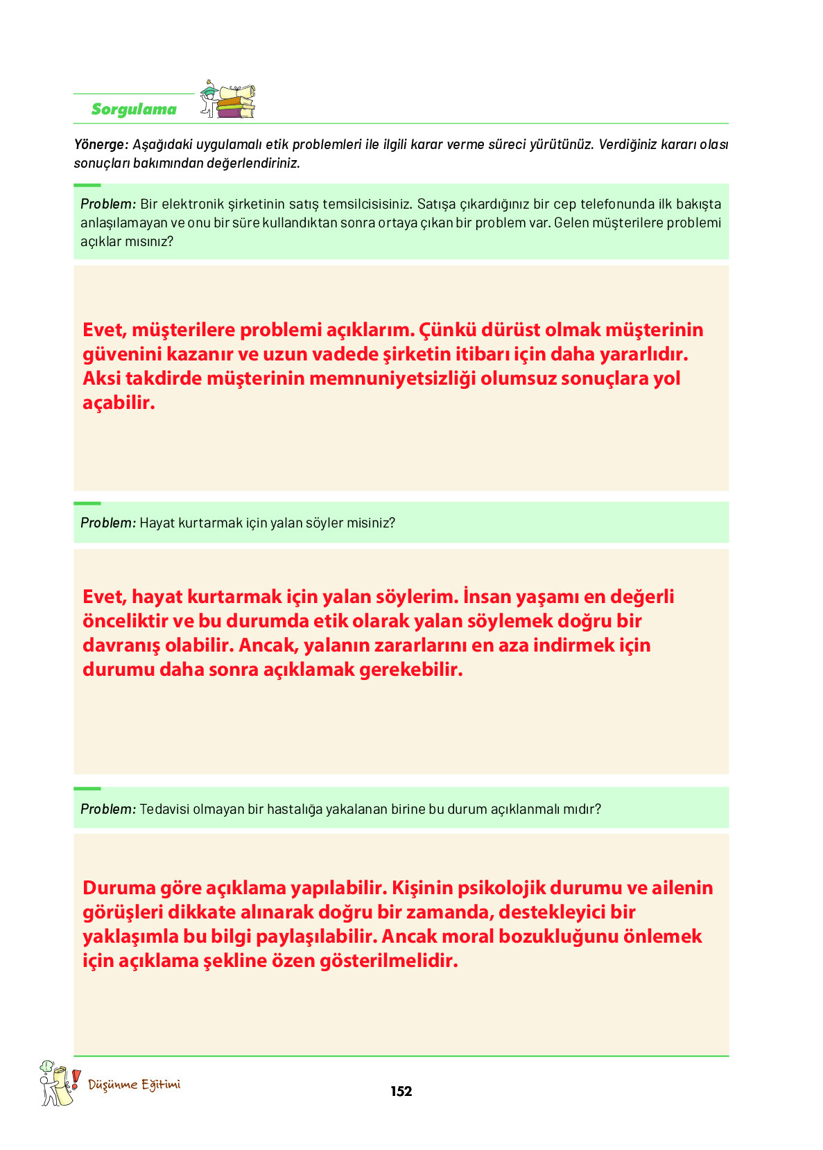 9. Sınıf Meb Yayınları Ortaöğretim Düşünme Eğitimi Ders Kitabı Sayfa 152 Cevapları