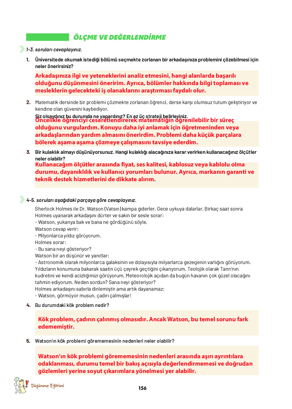 9. Sınıf Meb Yayınları Ortaöğretim Düşünme Eğitimi Ders Kitabı Sayfa 156 Cevapları