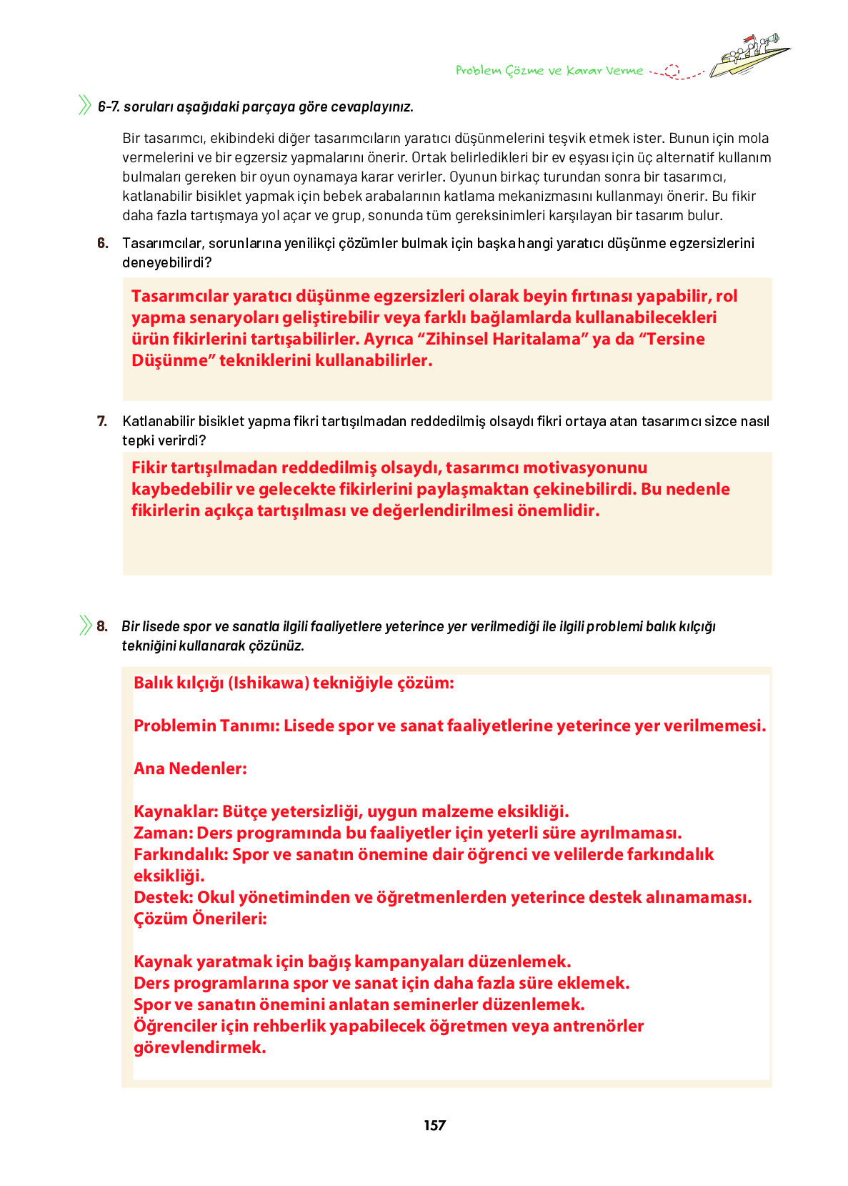 9. Sınıf Meb Yayınları Ortaöğretim Düşünme Eğitimi Ders Kitabı Sayfa 157 Cevapları