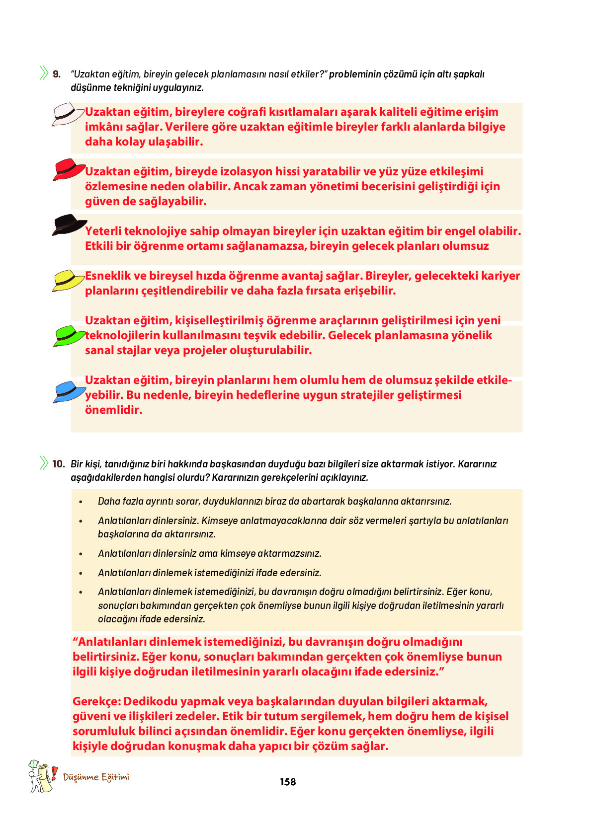 9. Sınıf Meb Yayınları Ortaöğretim Düşünme Eğitimi Ders Kitabı Sayfa 158 Cevapları