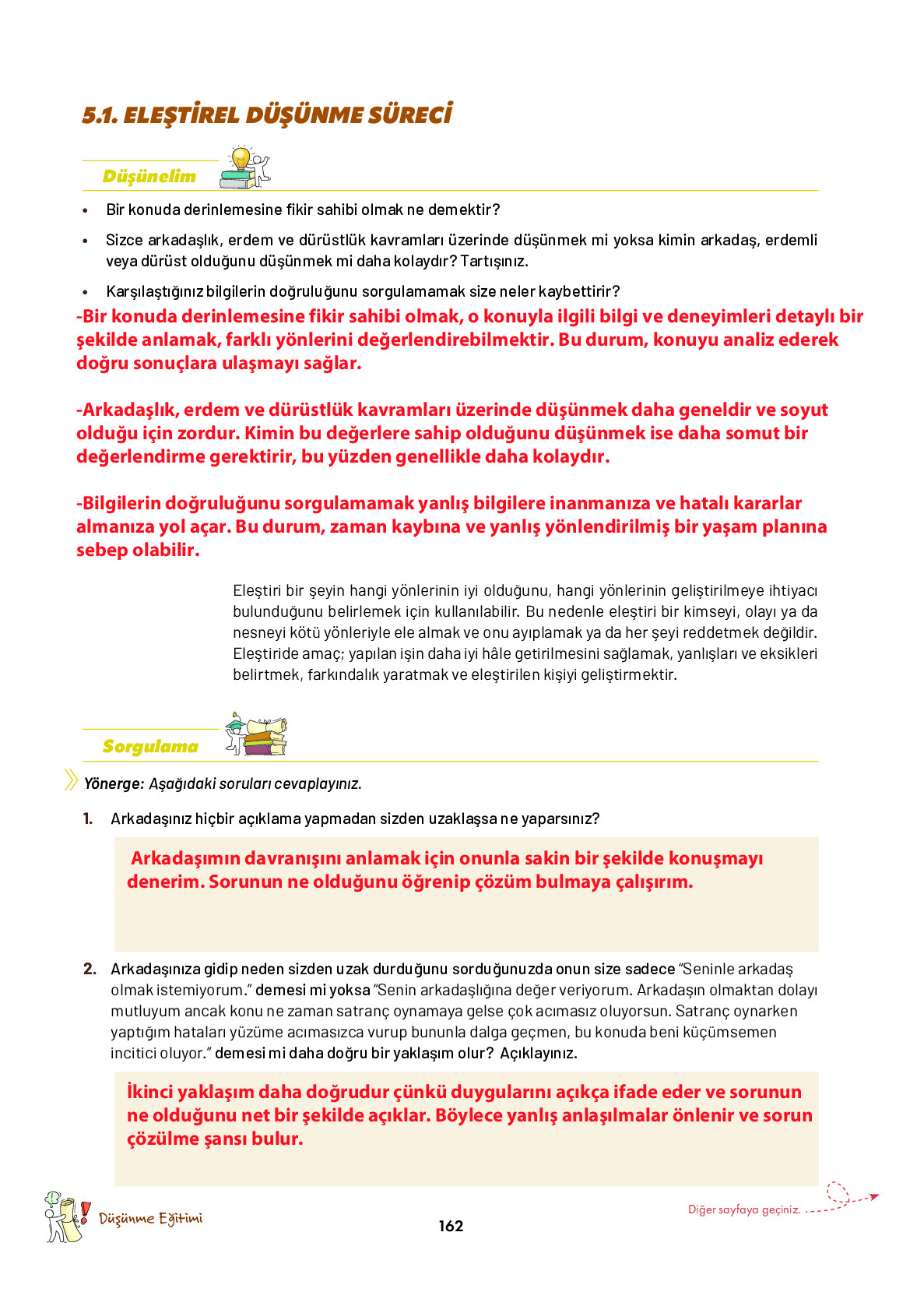 9. Sınıf Meb Yayınları Ortaöğretim Düşünme Eğitimi Ders Kitabı Sayfa 162 Cevapları