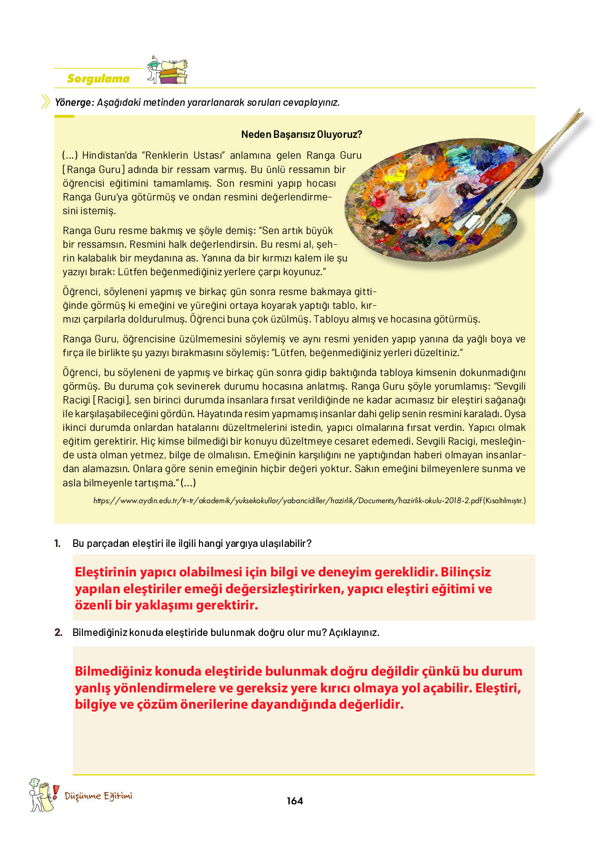 9. Sınıf Meb Yayınları Ortaöğretim Düşünme Eğitimi Ders Kitabı Sayfa 164 Cevapları