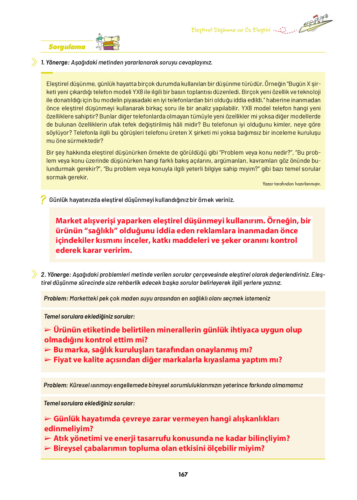 9. Sınıf Meb Yayınları Ortaöğretim Düşünme Eğitimi Ders Kitabı Sayfa 167 Cevapları