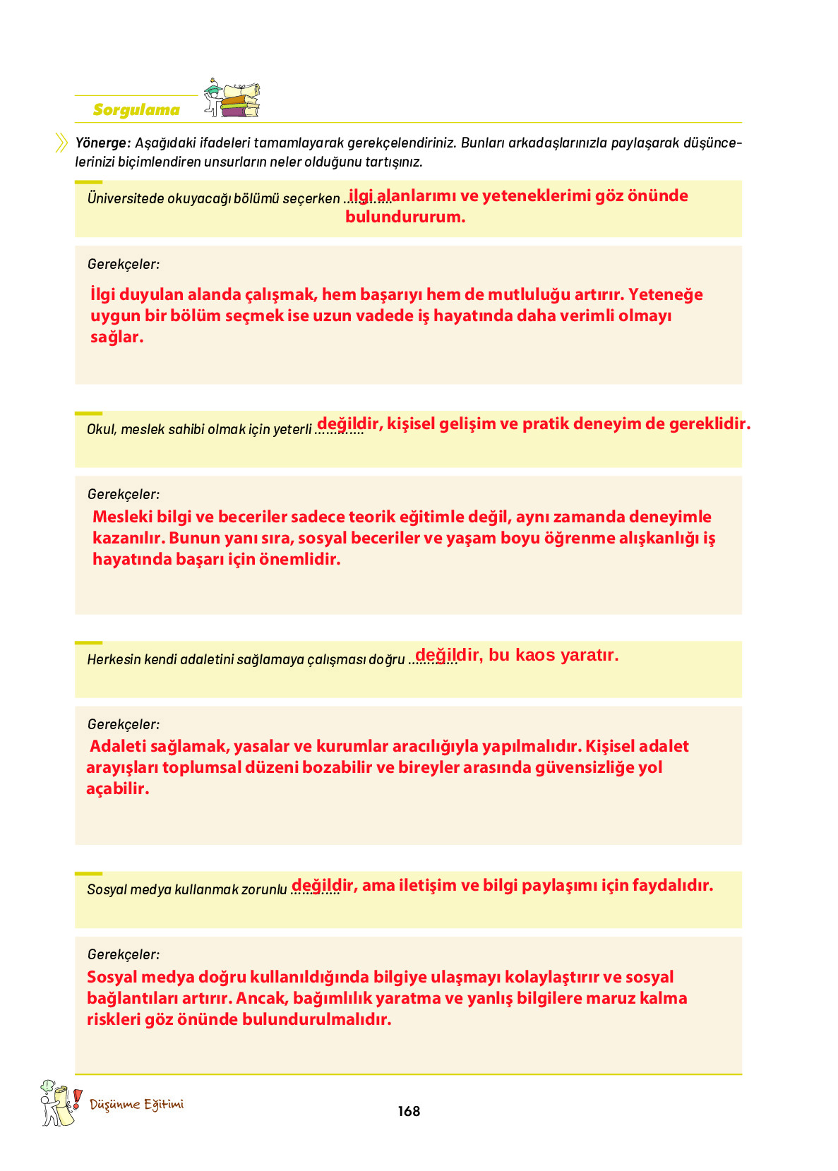 9. Sınıf Meb Yayınları Ortaöğretim Düşünme Eğitimi Ders Kitabı Sayfa 168 Cevapları