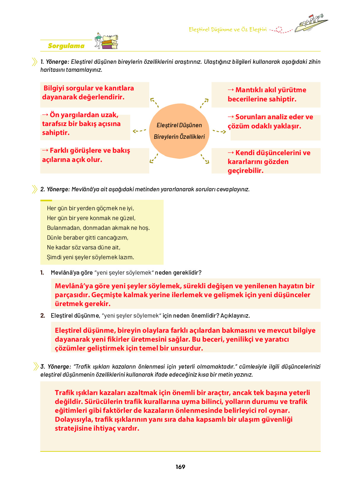 9. Sınıf Meb Yayınları Ortaöğretim Düşünme Eğitimi Ders Kitabı Sayfa 169 Cevapları