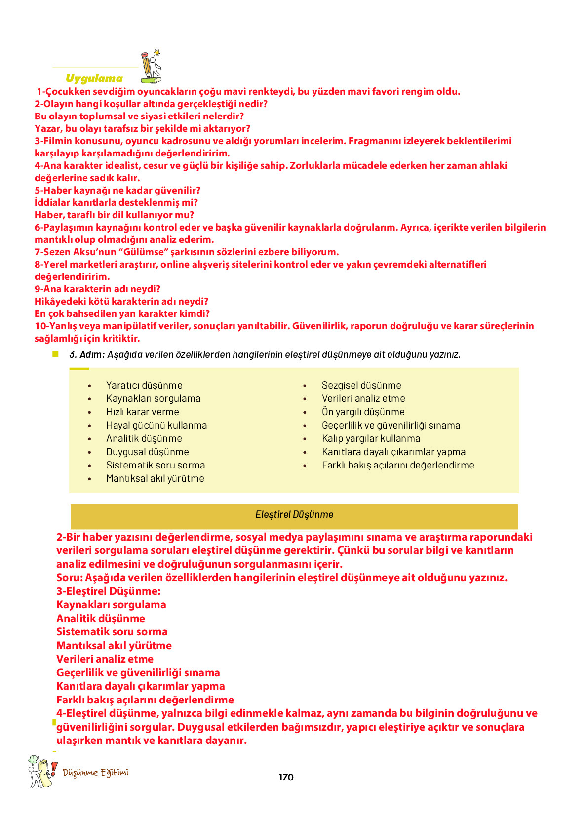 9. Sınıf Meb Yayınları Ortaöğretim Düşünme Eğitimi Ders Kitabı Sayfa 170 Cevapları