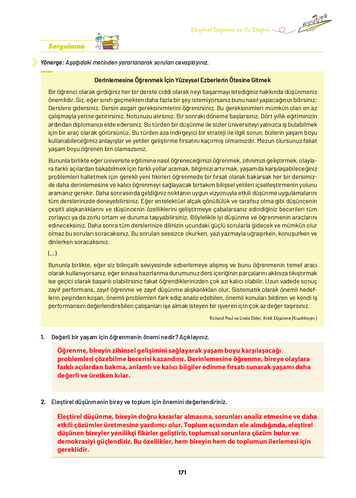 9. Sınıf Meb Yayınları Ortaöğretim Düşünme Eğitimi Ders Kitabı Sayfa 171 Cevapları
