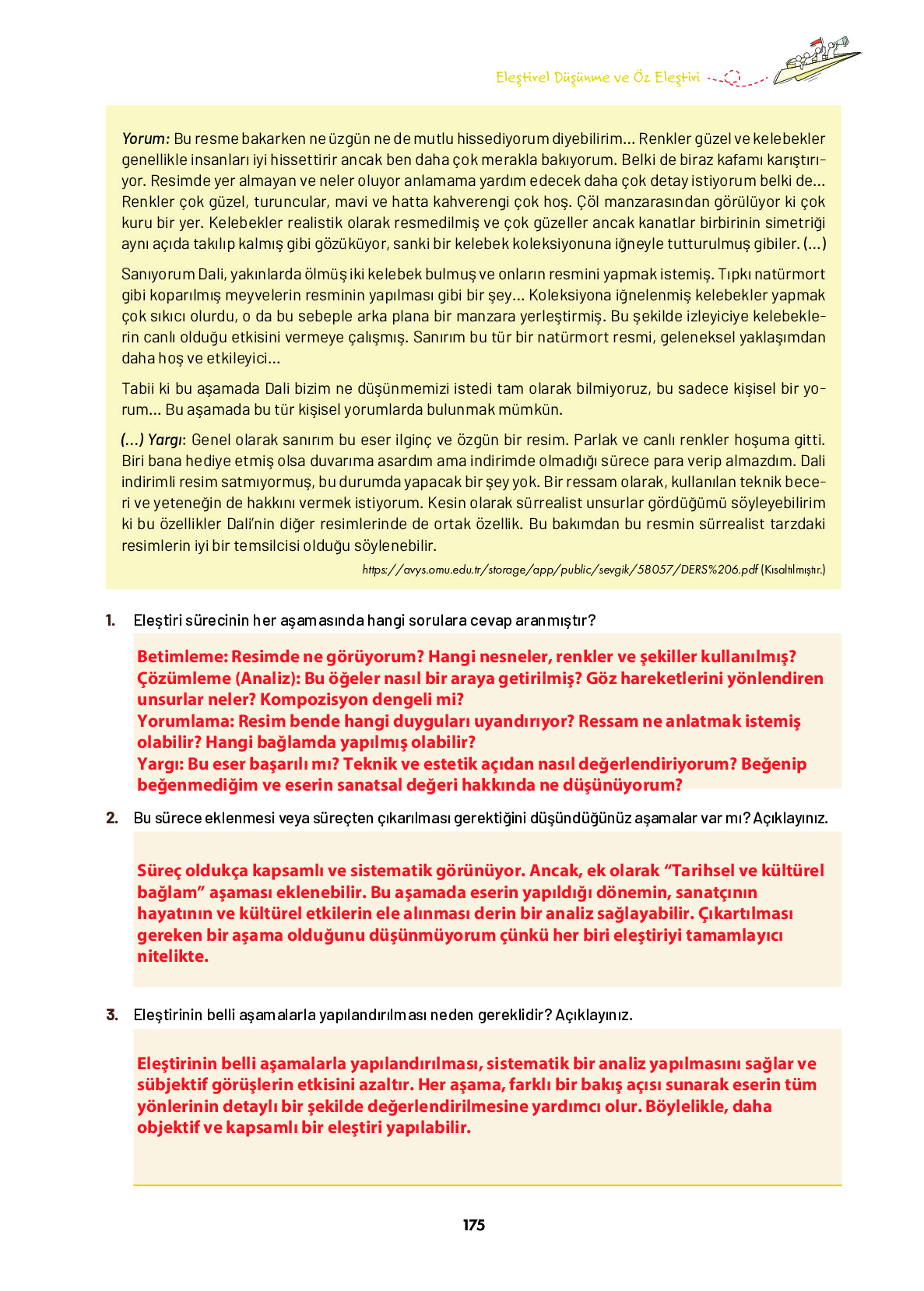 9. Sınıf Meb Yayınları Ortaöğretim Düşünme Eğitimi Ders Kitabı Sayfa 175 Cevapları