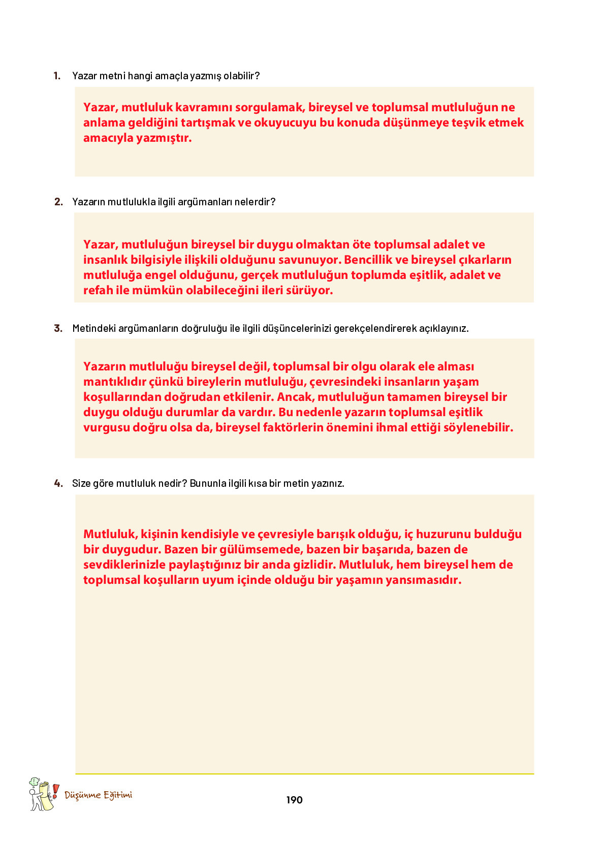 9. Sınıf Meb Yayınları Ortaöğretim Düşünme Eğitimi Ders Kitabı Sayfa 190 Cevapları