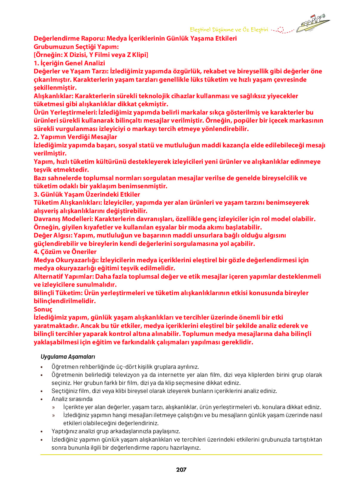 9. Sınıf Meb Yayınları Ortaöğretim Düşünme Eğitimi Ders Kitabı Sayfa 207 Cevapları