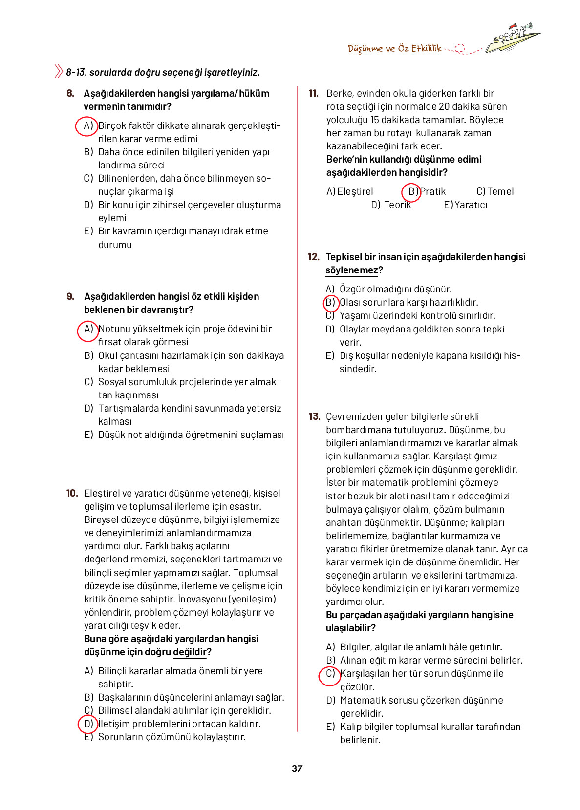 9. Sınıf Meb Yayınları Ortaöğretim Düşünme Eğitimi Ders Kitabı Sayfa 37 Cevapları