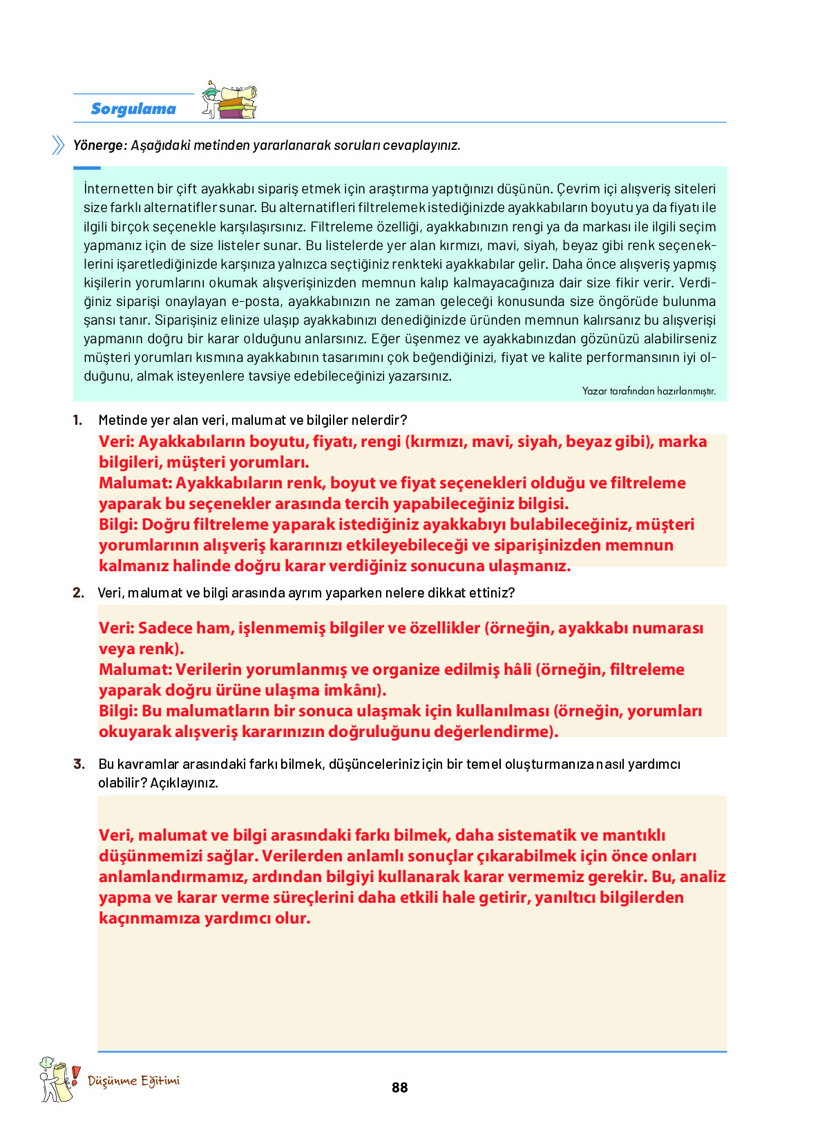 9. Sınıf Meb Yayınları Ortaöğretim Düşünme Eğitimi Ders Kitabı Sayfa 88 Cevapları