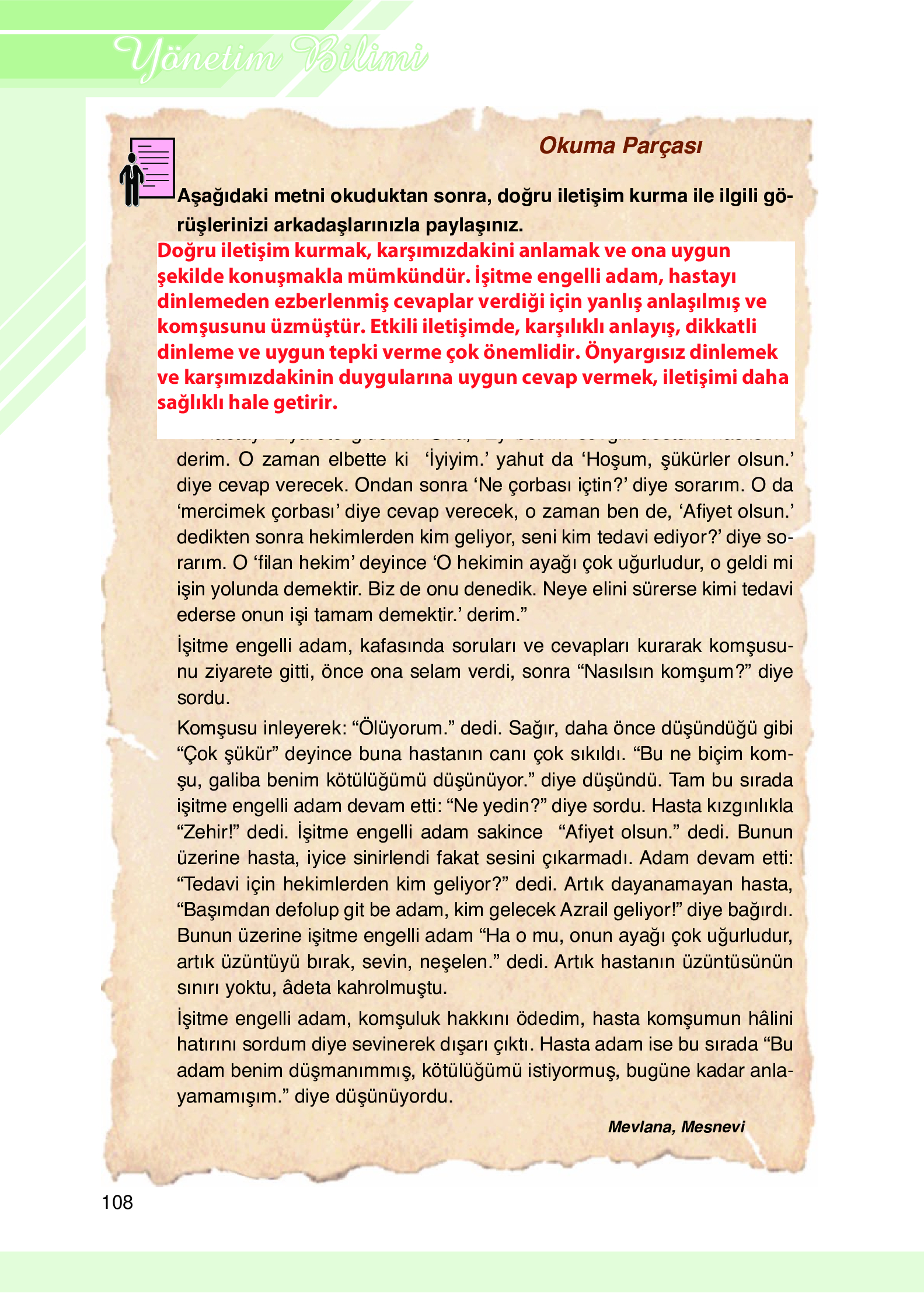 9. Sınıf Meb Yayınları Yönetim Bilimi Ders Kitabı Sayfa 108 Cevapları