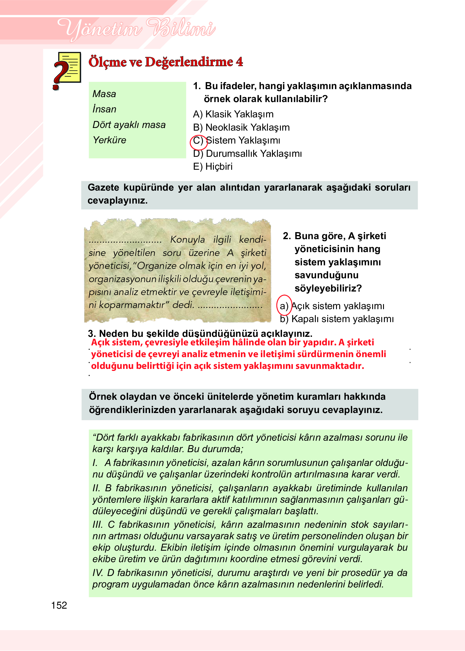 9. Sınıf Meb Yayınları Yönetim Bilimi Ders Kitabı Sayfa 152 Cevapları