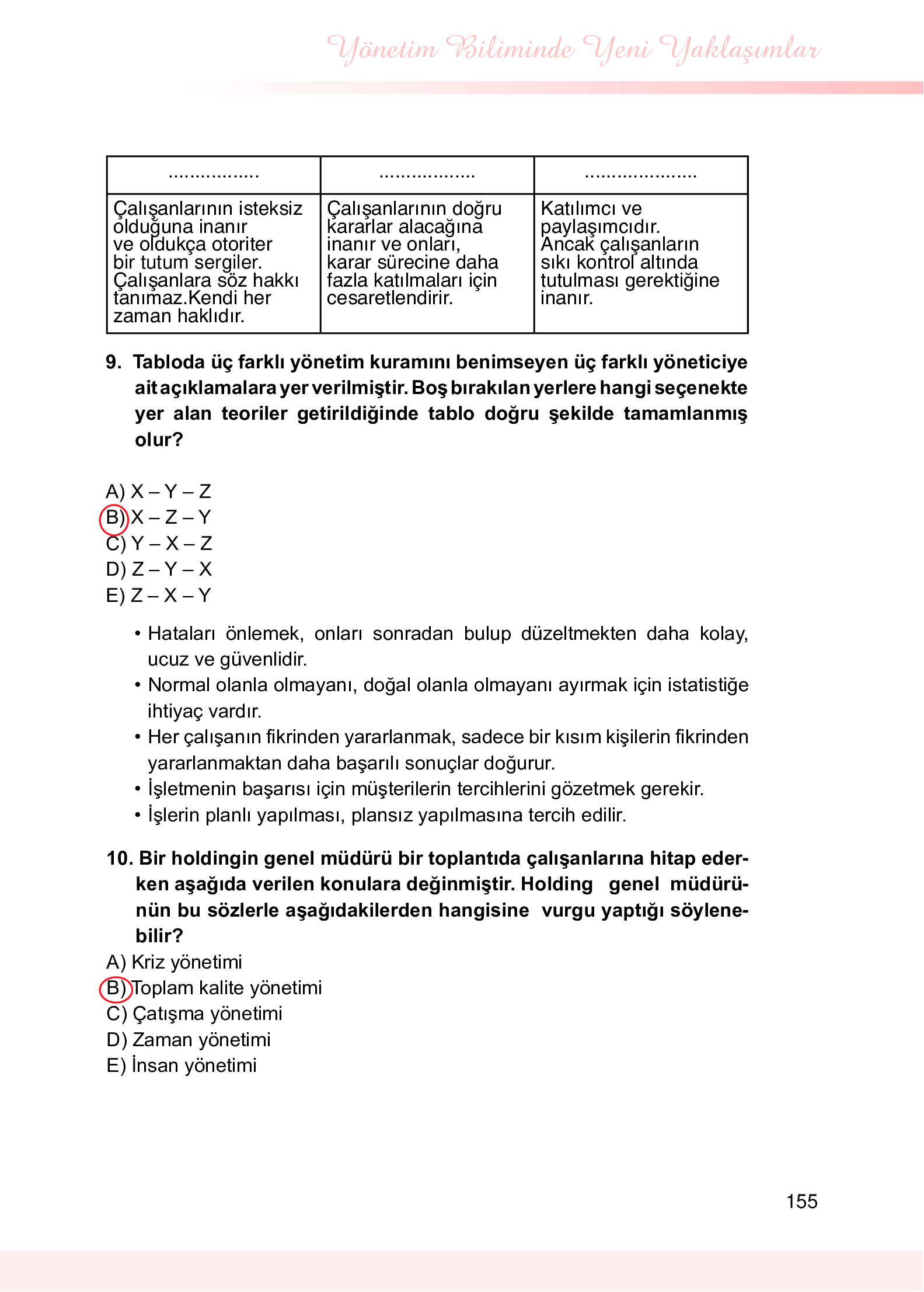 9. Sınıf Meb Yayınları Yönetim Bilimi Ders Kitabı Sayfa 155 Cevapları