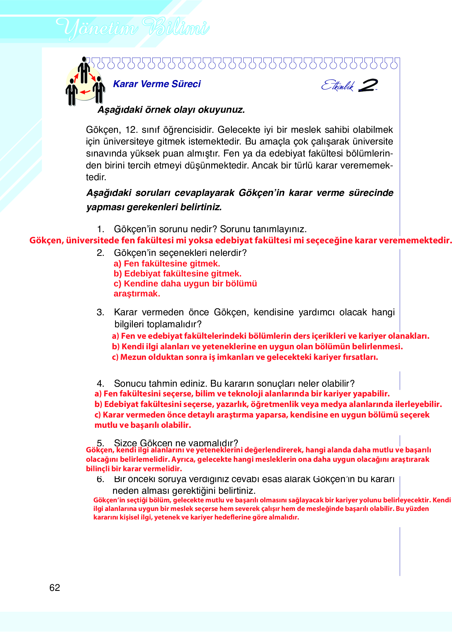 9. Sınıf Meb Yayınları Yönetim Bilimi Ders Kitabı Sayfa 62 Cevapları