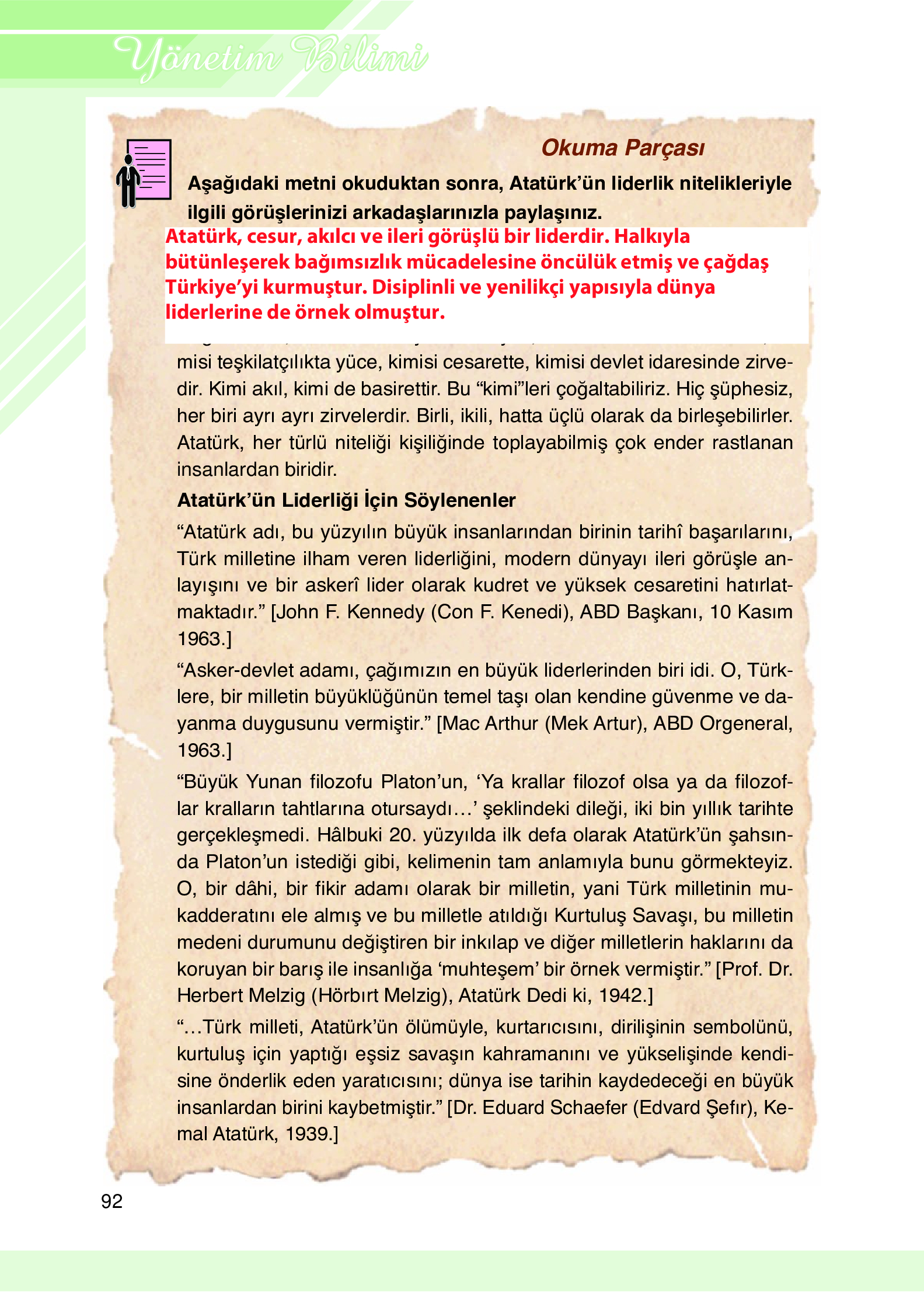 9. Sınıf Meb Yayınları Yönetim Bilimi Ders Kitabı Sayfa 92 Cevapları