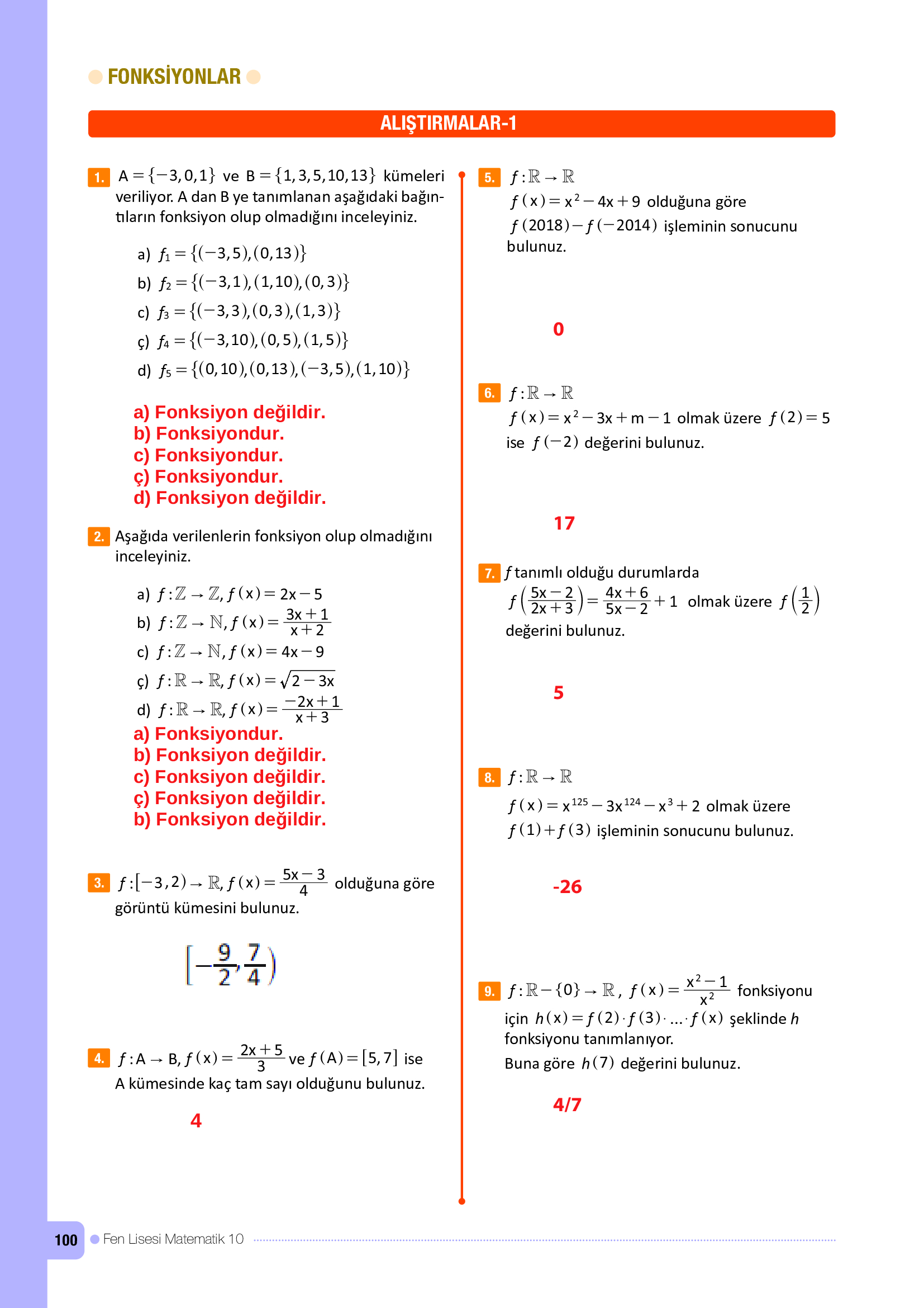 10. Sınıf Meb Yayınları Fen Lisesi Matematik Ders Kitabı Sayfa 100 Cevapları