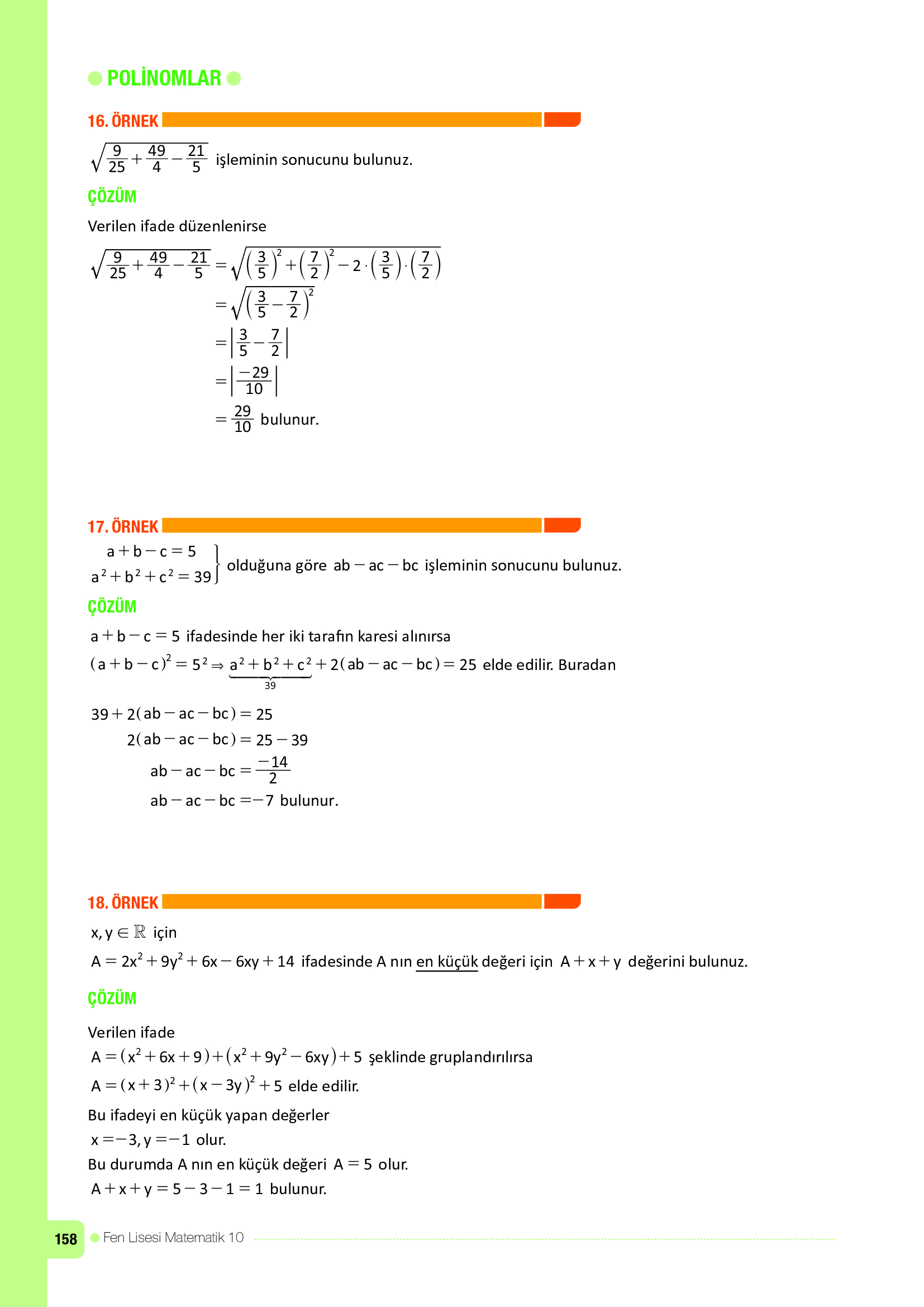 10. Sınıf Meb Yayınları Fen Lisesi Matematik Ders Kitabı Sayfa 158 Cevapları