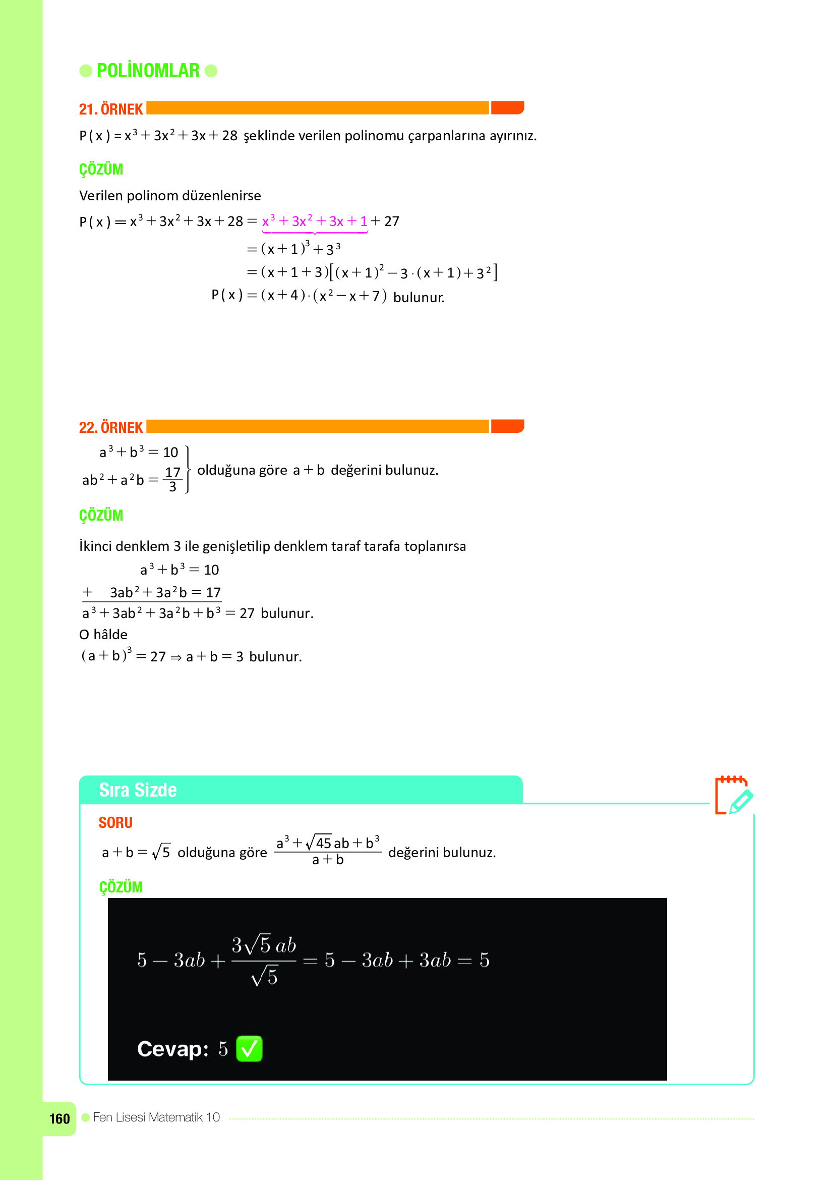 10. Sınıf Meb Yayınları Fen Lisesi Matematik Ders Kitabı Sayfa 160 Cevapları