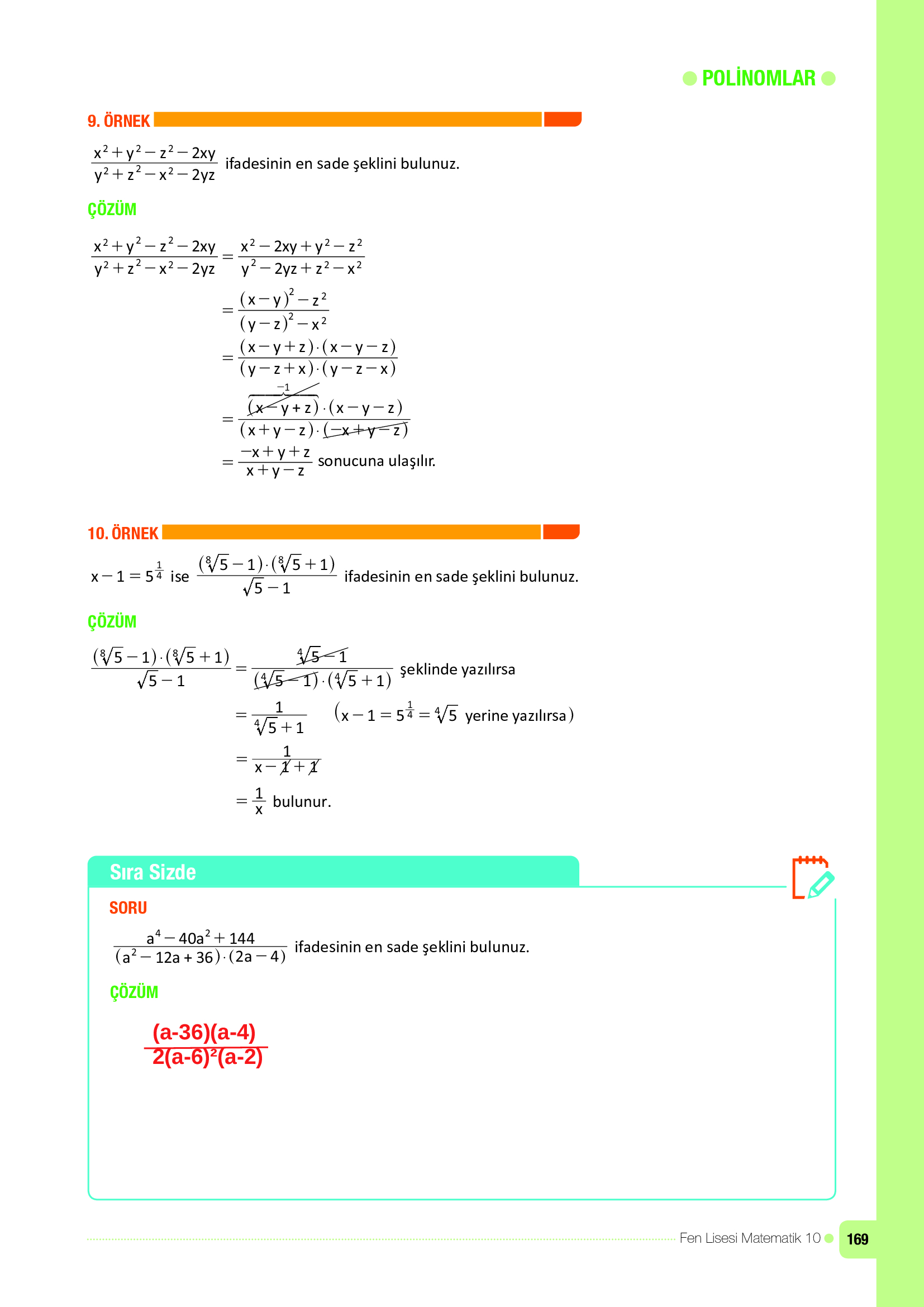 10. Sınıf Meb Yayınları Fen Lisesi Matematik Ders Kitabı Sayfa 169 Cevapları