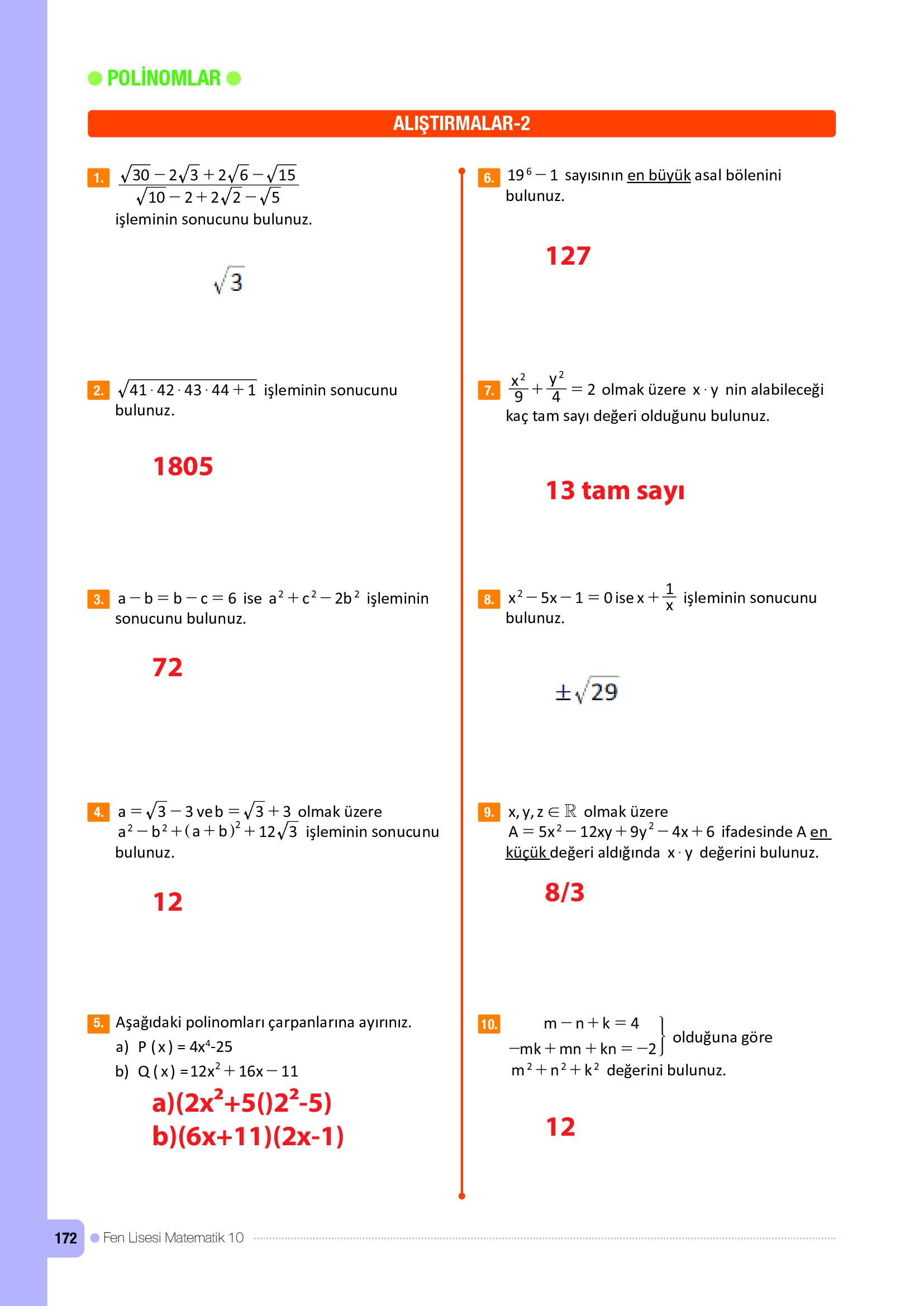 10. Sınıf Meb Yayınları Fen Lisesi Matematik Ders Kitabı Sayfa 172 Cevapları