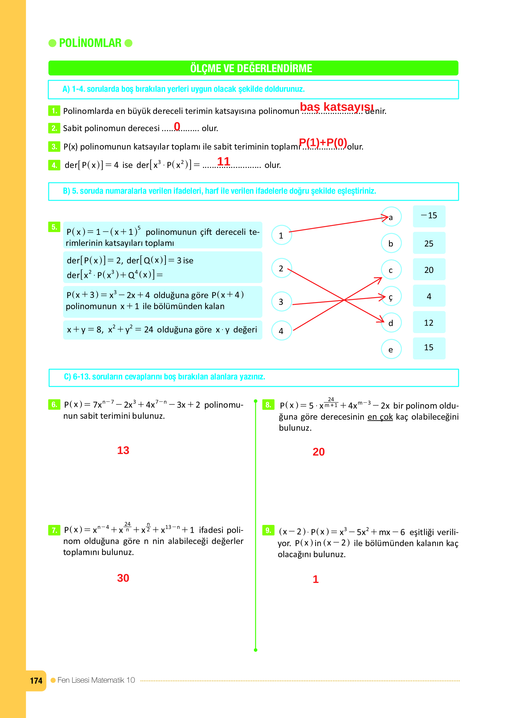 10. Sınıf Meb Yayınları Fen Lisesi Matematik Ders Kitabı Sayfa 174 Cevapları
