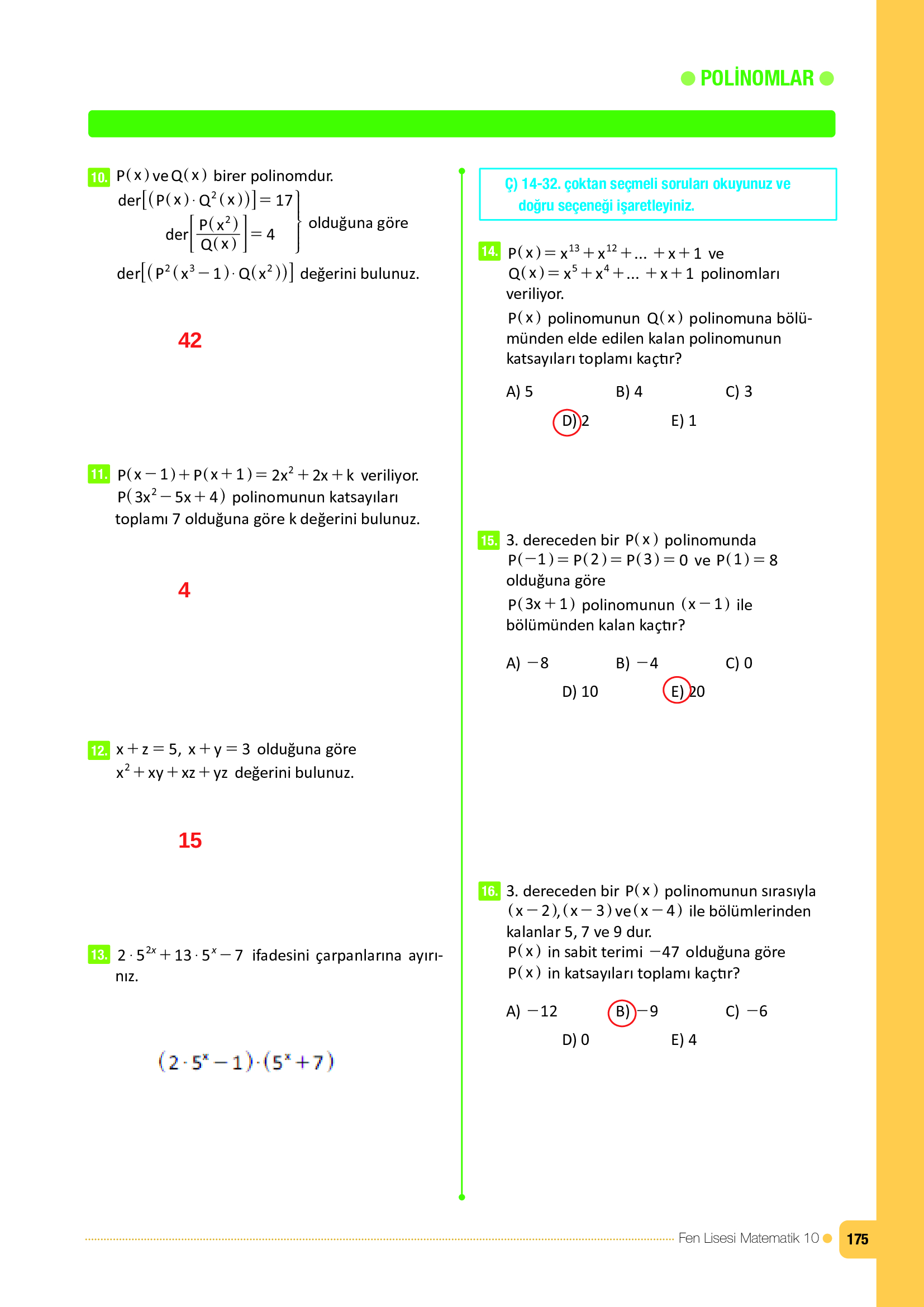 10. Sınıf Meb Yayınları Fen Lisesi Matematik Ders Kitabı Sayfa 175 Cevapları