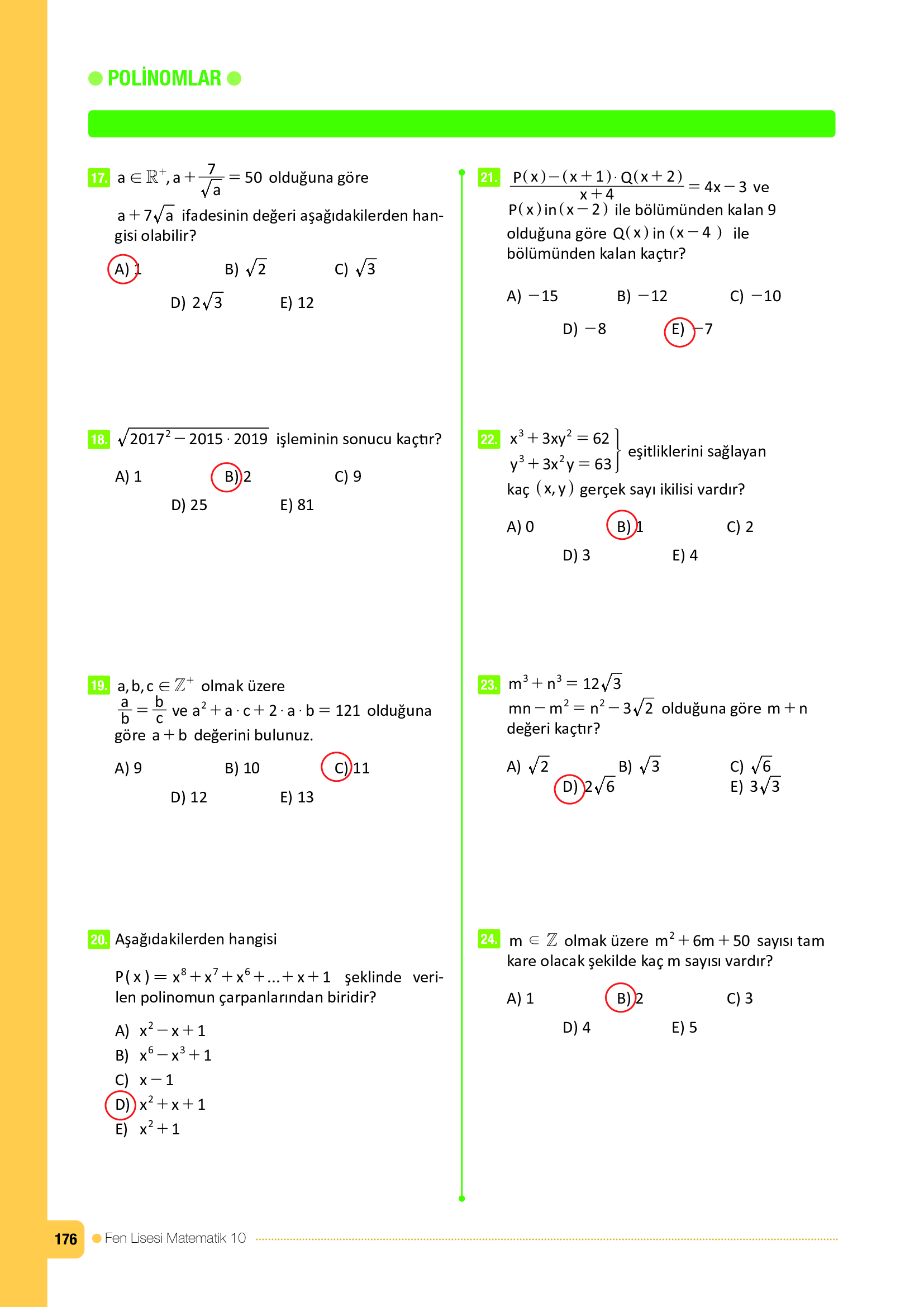 10. Sınıf Meb Yayınları Fen Lisesi Matematik Ders Kitabı Sayfa 176 Cevapları
