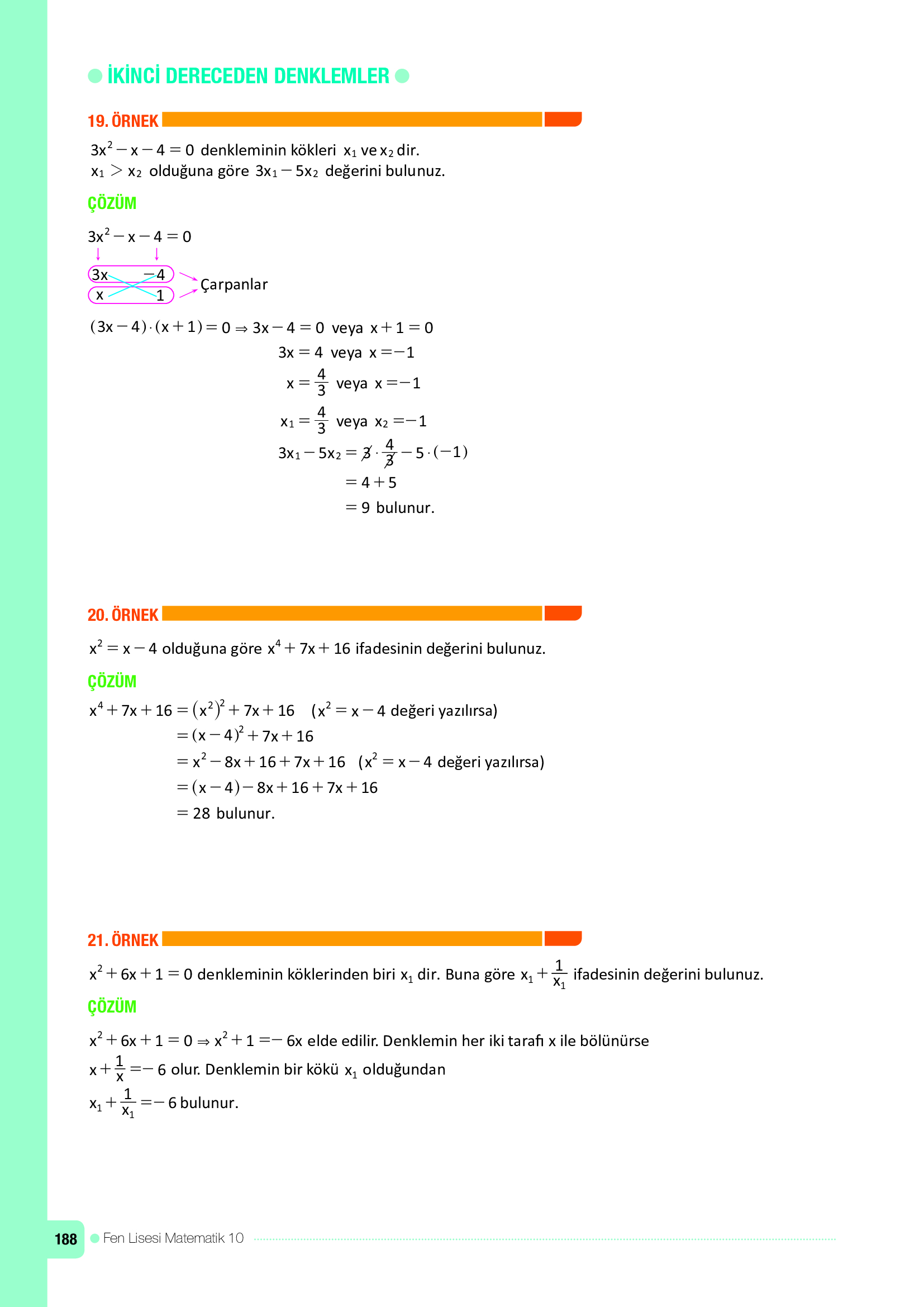 10. Sınıf Meb Yayınları Fen Lisesi Matematik Ders Kitabı Sayfa 188 Cevapları