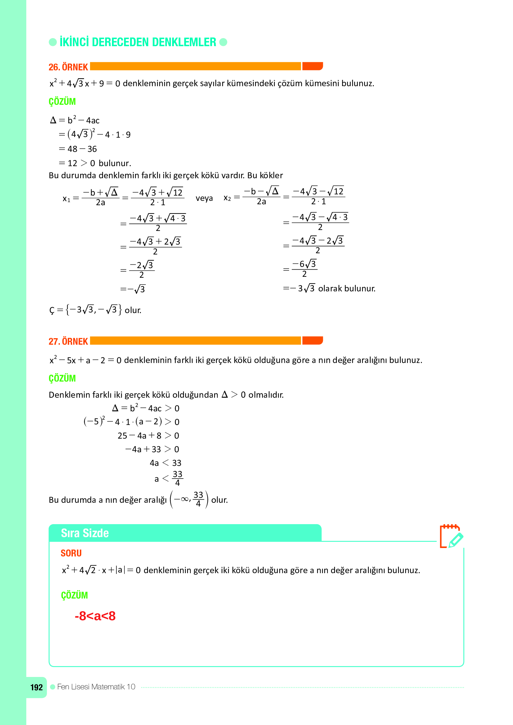 10. Sınıf Meb Yayınları Fen Lisesi Matematik Ders Kitabı Sayfa 192 Cevapları