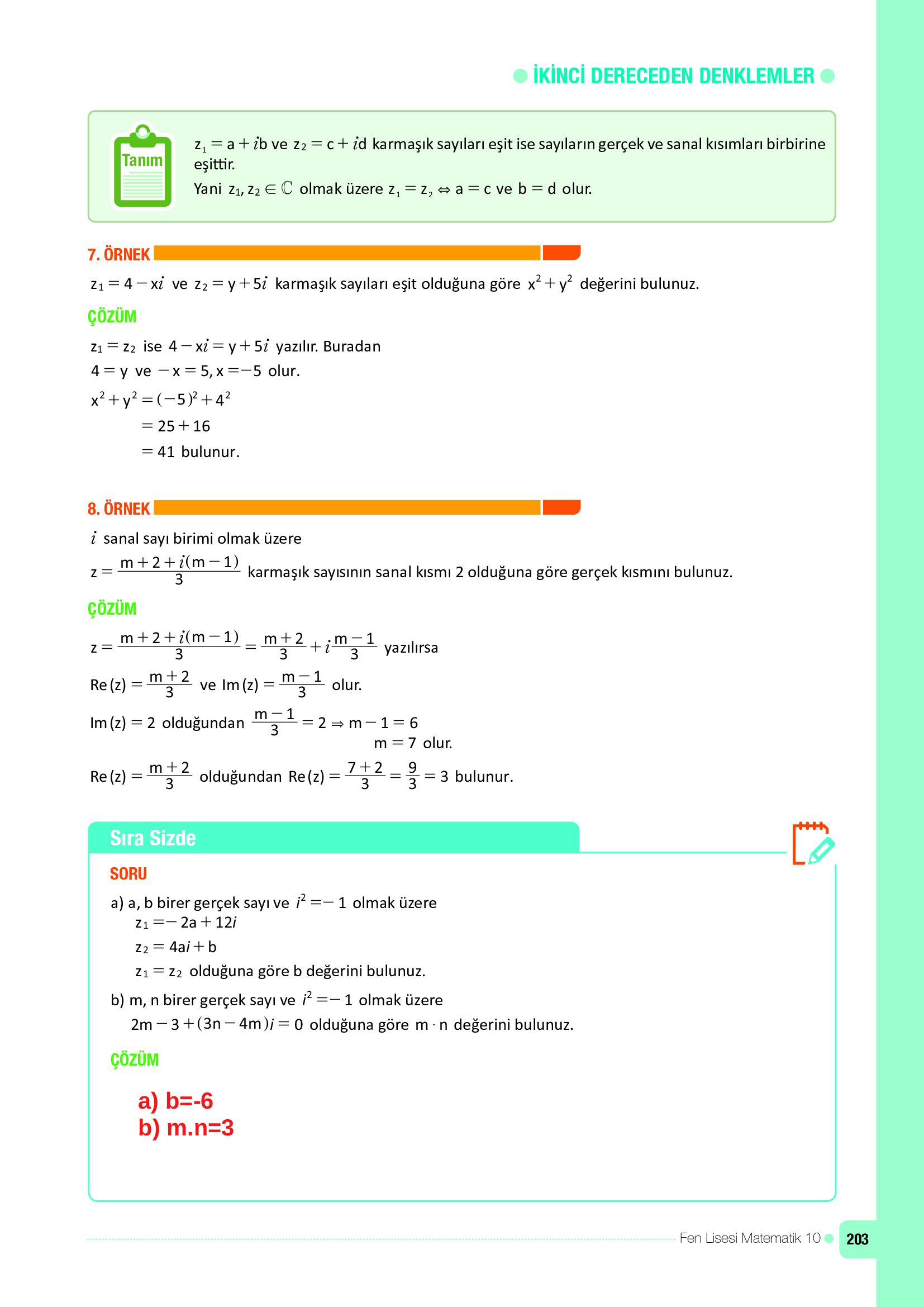 10. Sınıf Meb Yayınları Fen Lisesi Matematik Ders Kitabı Sayfa 203 Cevapları
