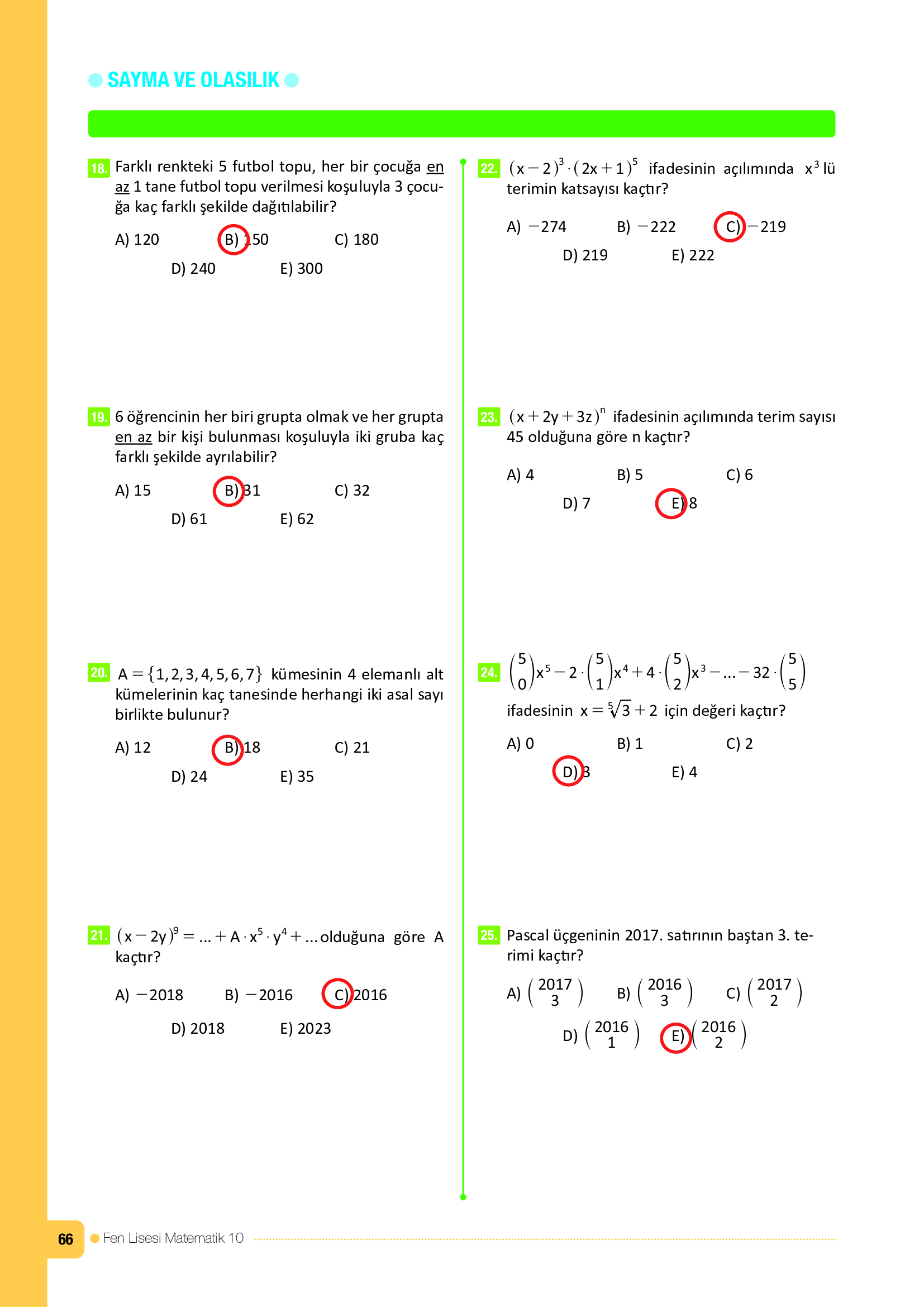 10. Sınıf Meb Yayınları Fen Lisesi Matematik Ders Kitabı Sayfa 66 Cevapları