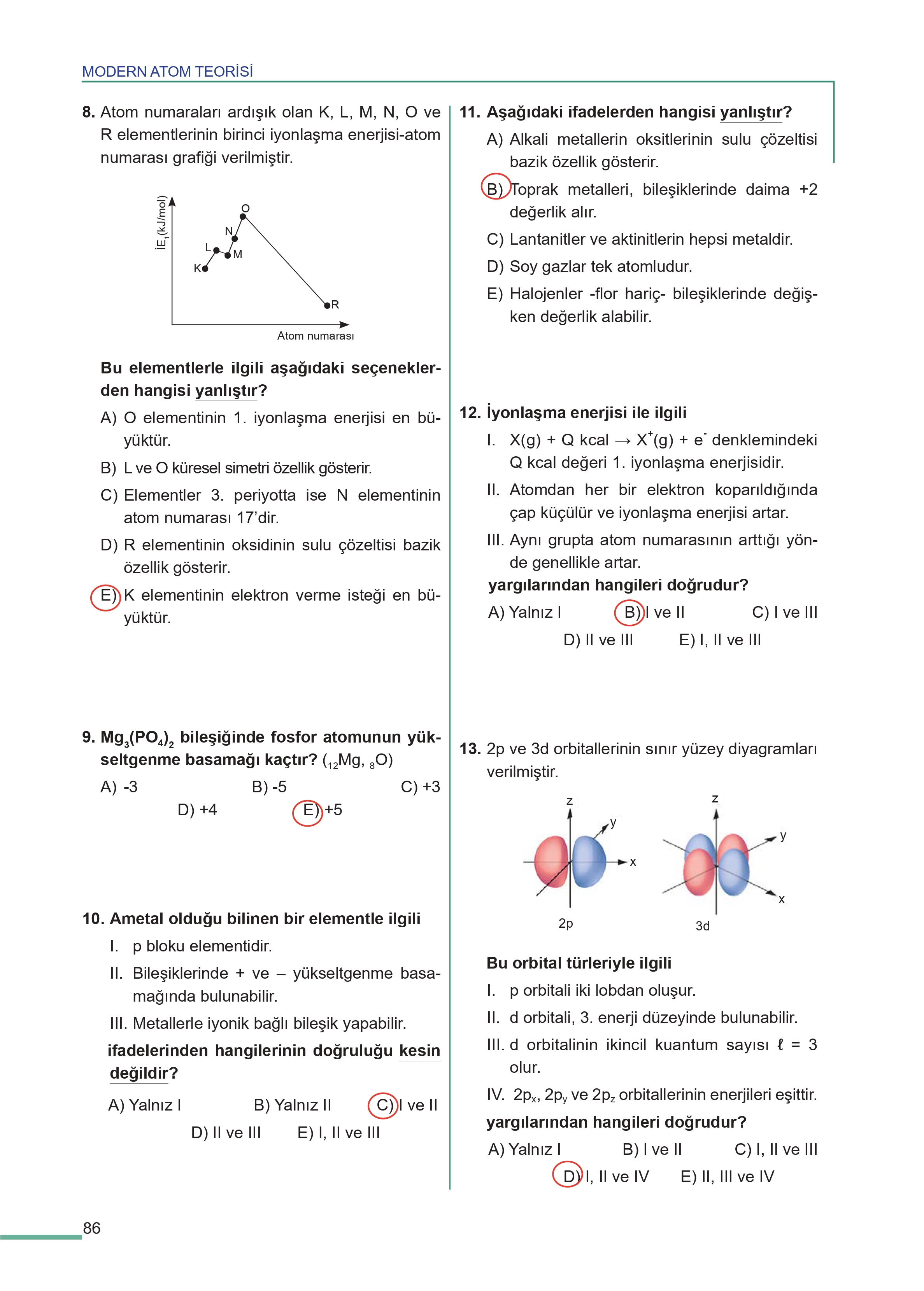 11. Sınıf Meb Yayınları Fen Lisesi Kimya Ders Kitabı Sayfa 86 Cevapları