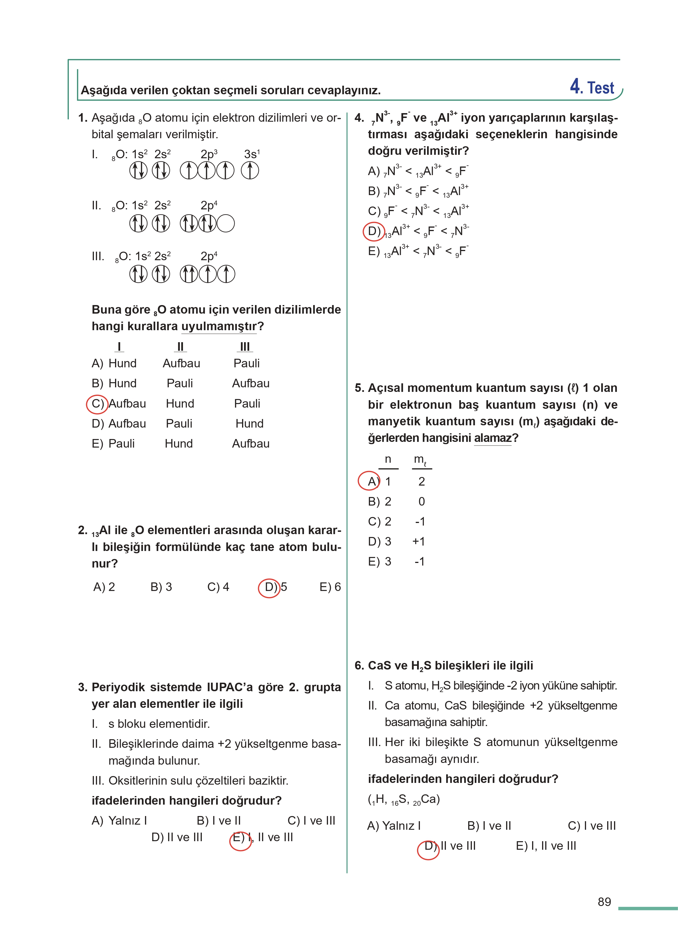 11. Sınıf Meb Yayınları Fen Lisesi Kimya Ders Kitabı Sayfa 89 Cevapları