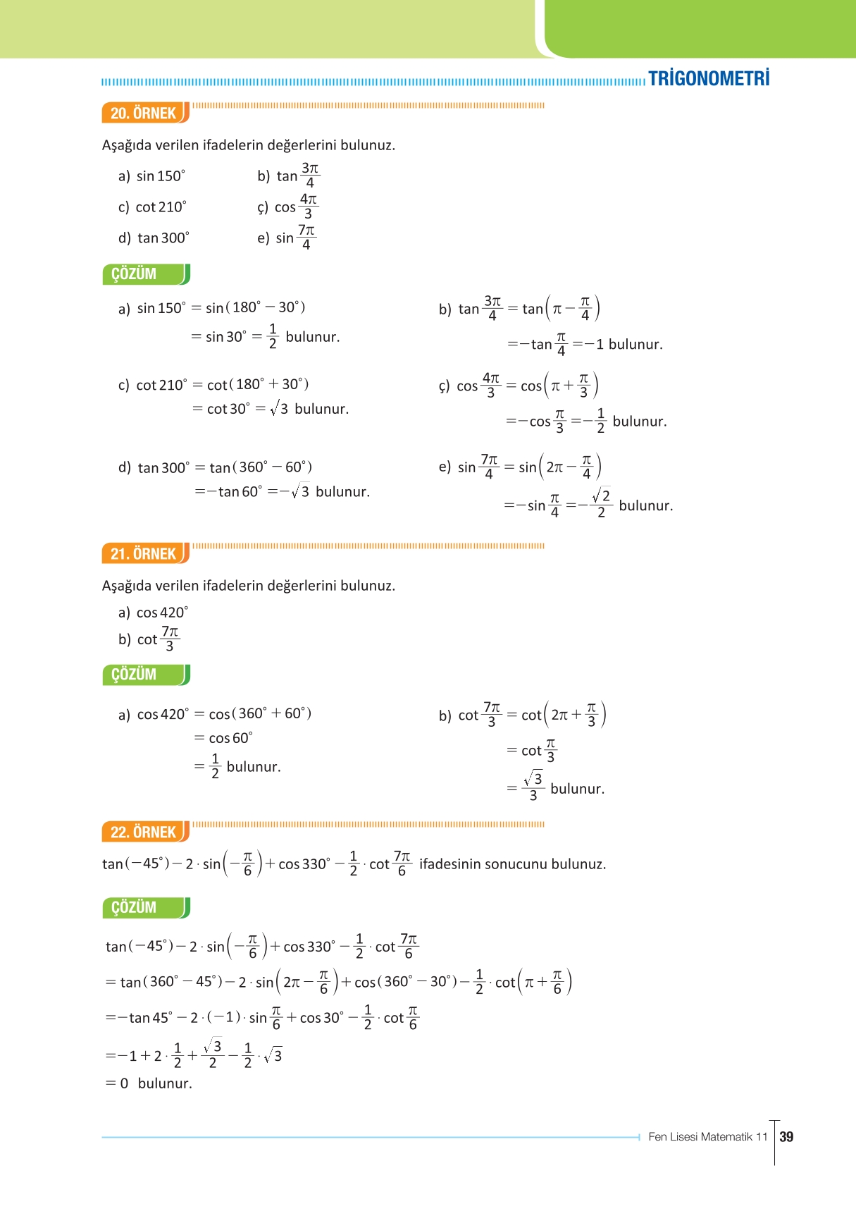 11. Sınıf Meb Yayınları Fen Lisesi Matematik Ders Kitabı Sayfa 39 Cevapları