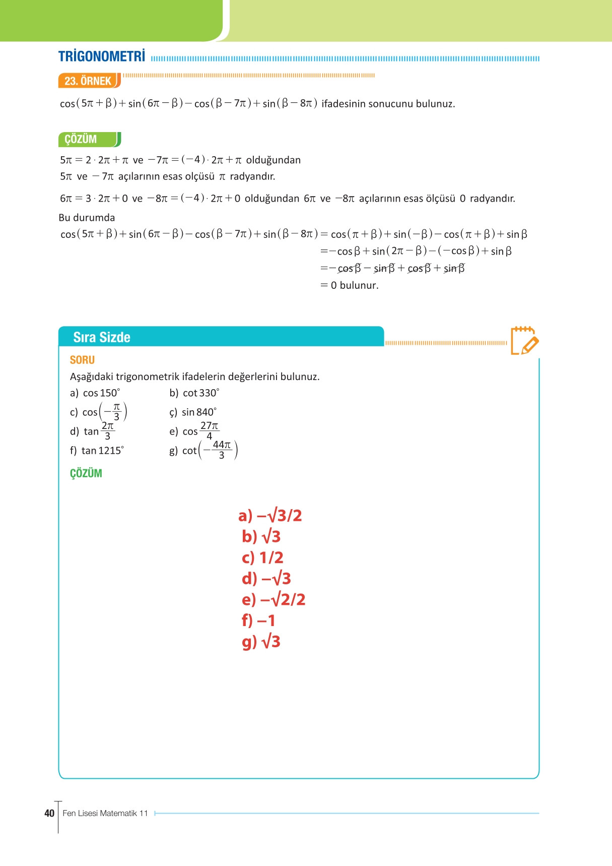 11. Sınıf Meb Yayınları Fen Lisesi Matematik Ders Kitabı Sayfa 40 Cevapları