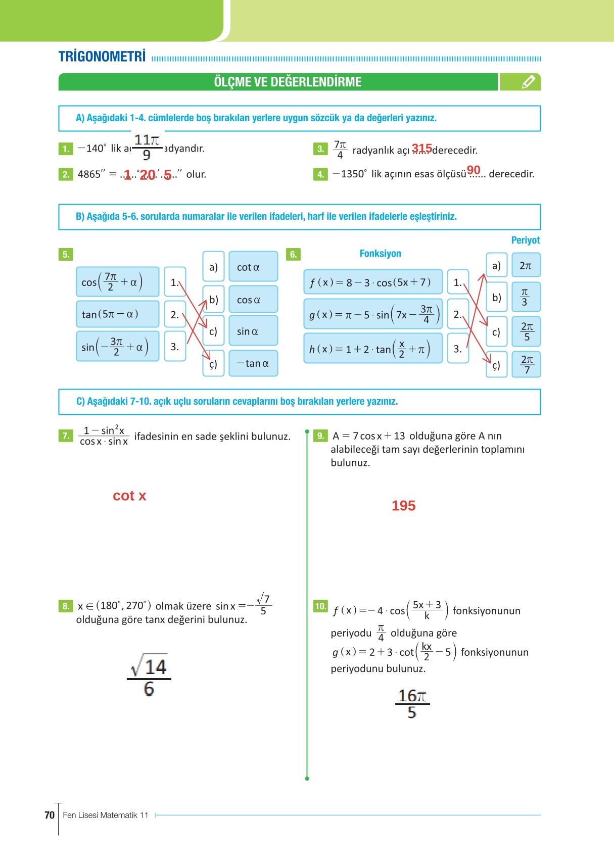 11. Sınıf Meb Yayınları Fen Lisesi Matematik Ders Kitabı Sayfa 70 Cevapları