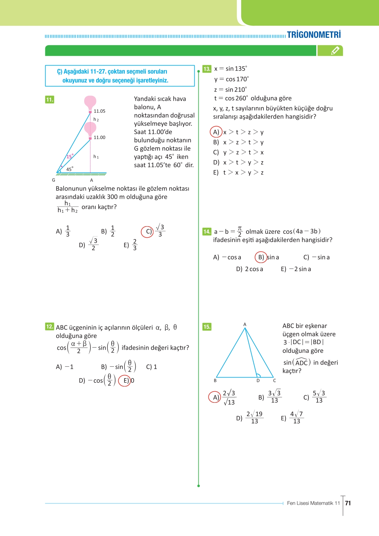 11. Sınıf Meb Yayınları Fen Lisesi Matematik Ders Kitabı Sayfa 71 Cevapları