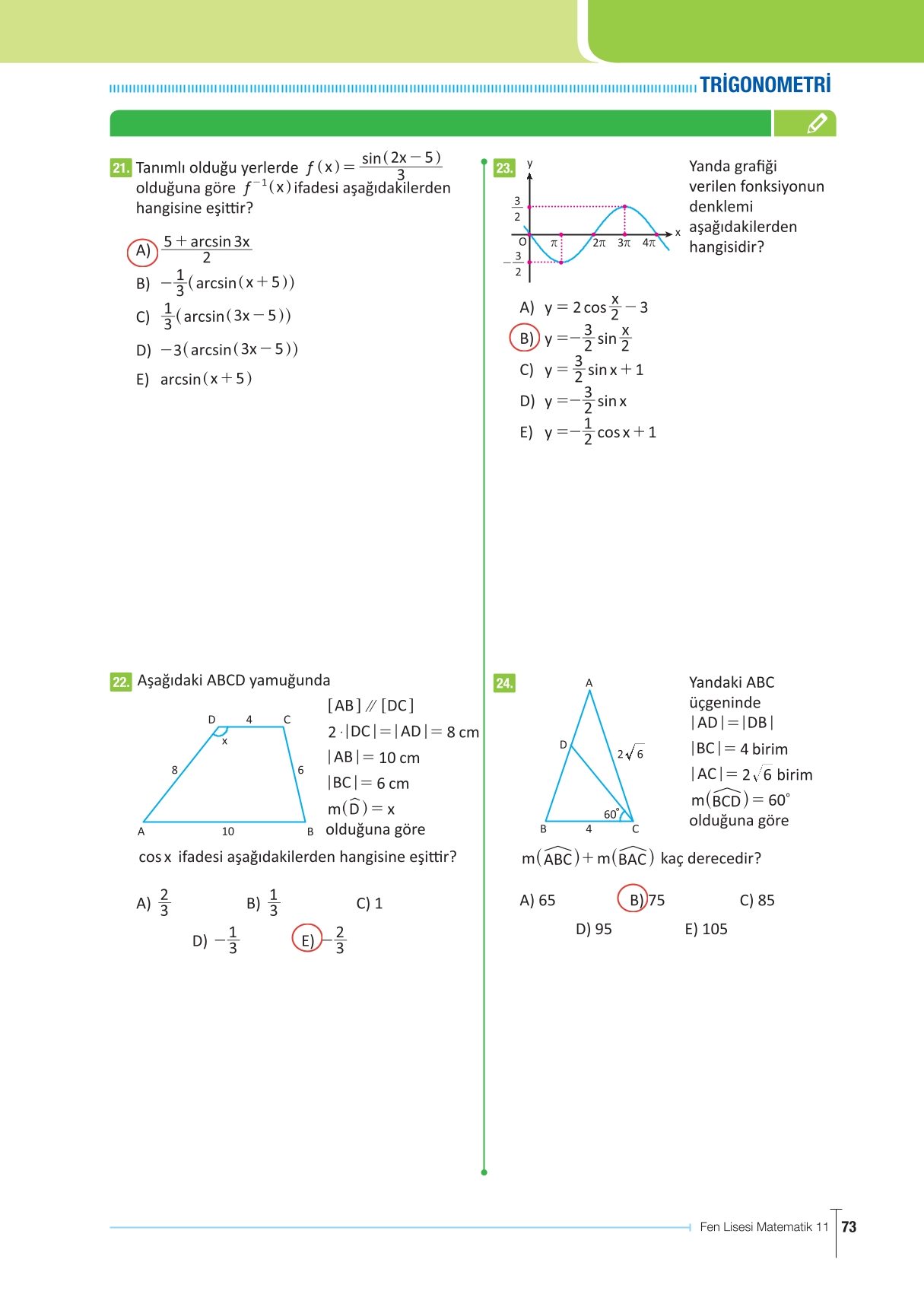 11. Sınıf Meb Yayınları Fen Lisesi Matematik Ders Kitabı Sayfa 73 Cevapları