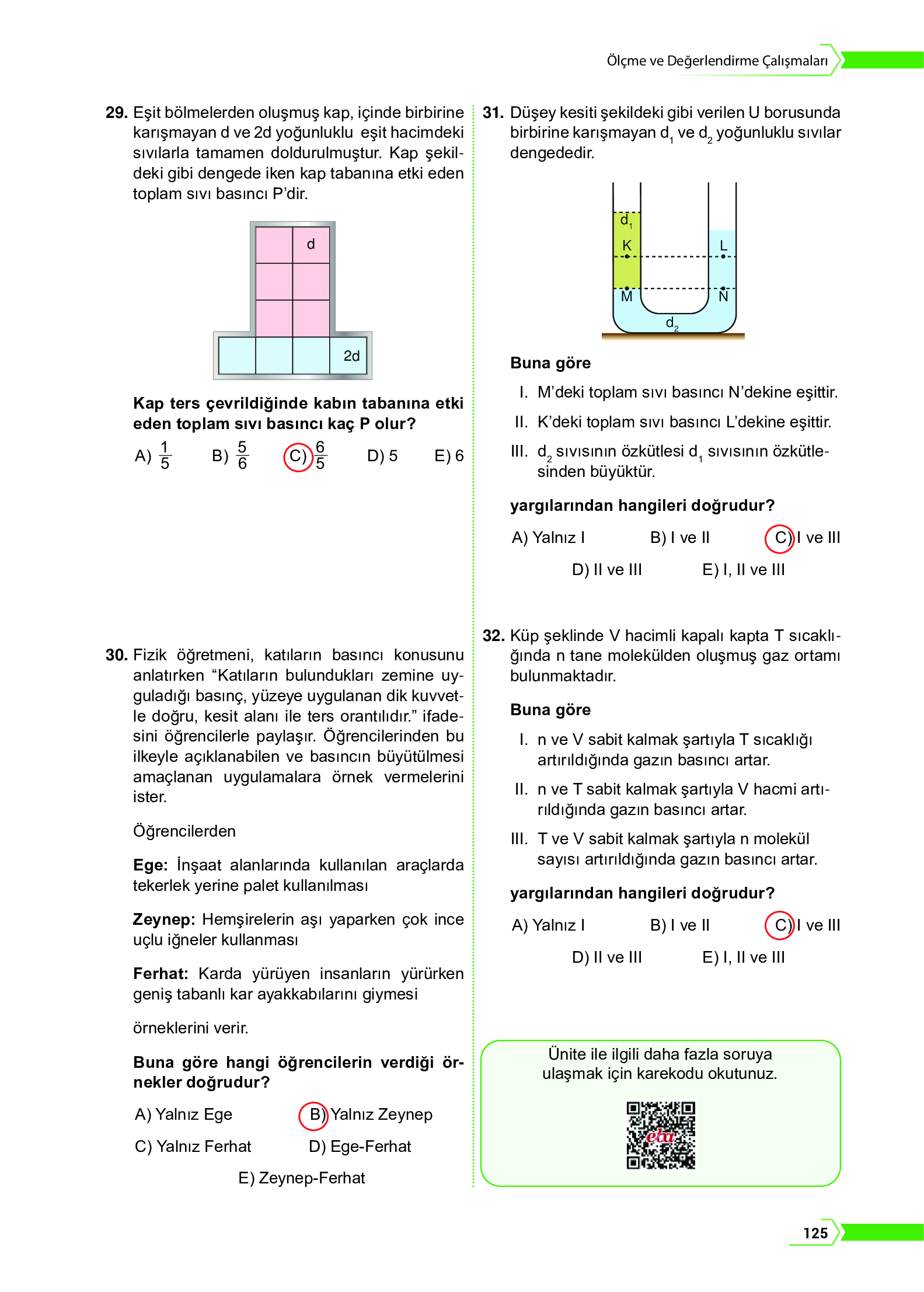 10. Sınıf Meb Yayınları Fen Lisesi Fizik Ders Kitabı Sayfa 125 Cevapları