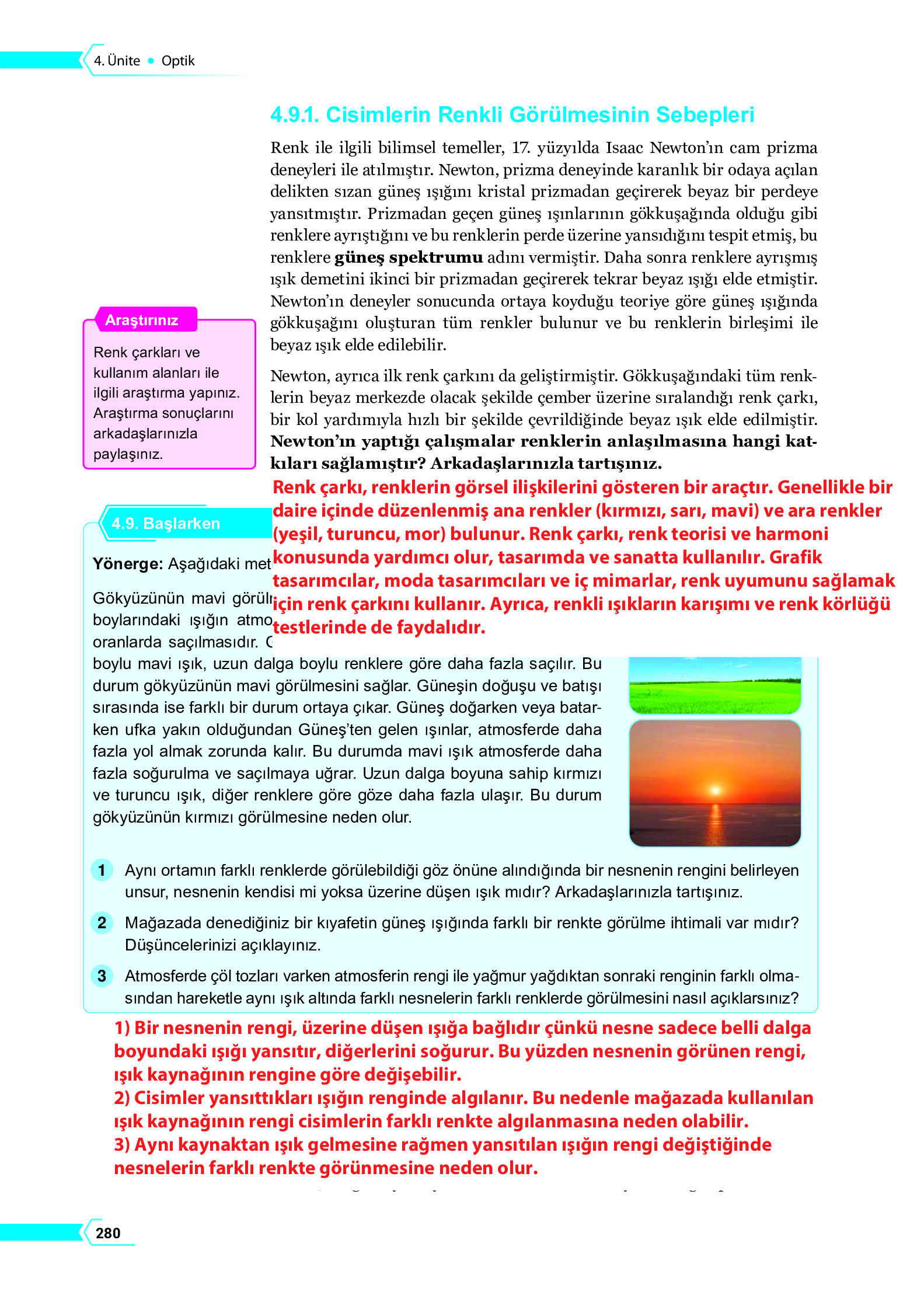 10. Sınıf Meb Yayınları Fen Lisesi Fizik Ders Kitabı Sayfa 280 Cevapları