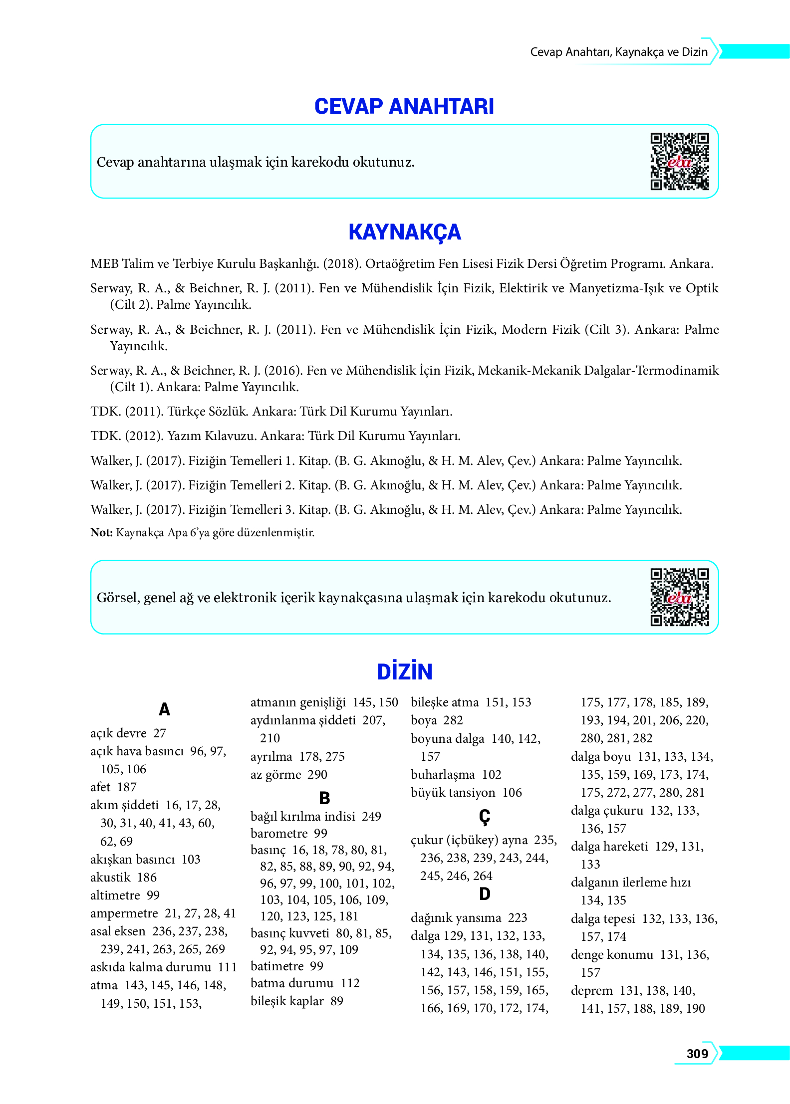 10. Sınıf Meb Yayınları Fen Lisesi Fizik Ders Kitabı Sayfa 309 Cevapları